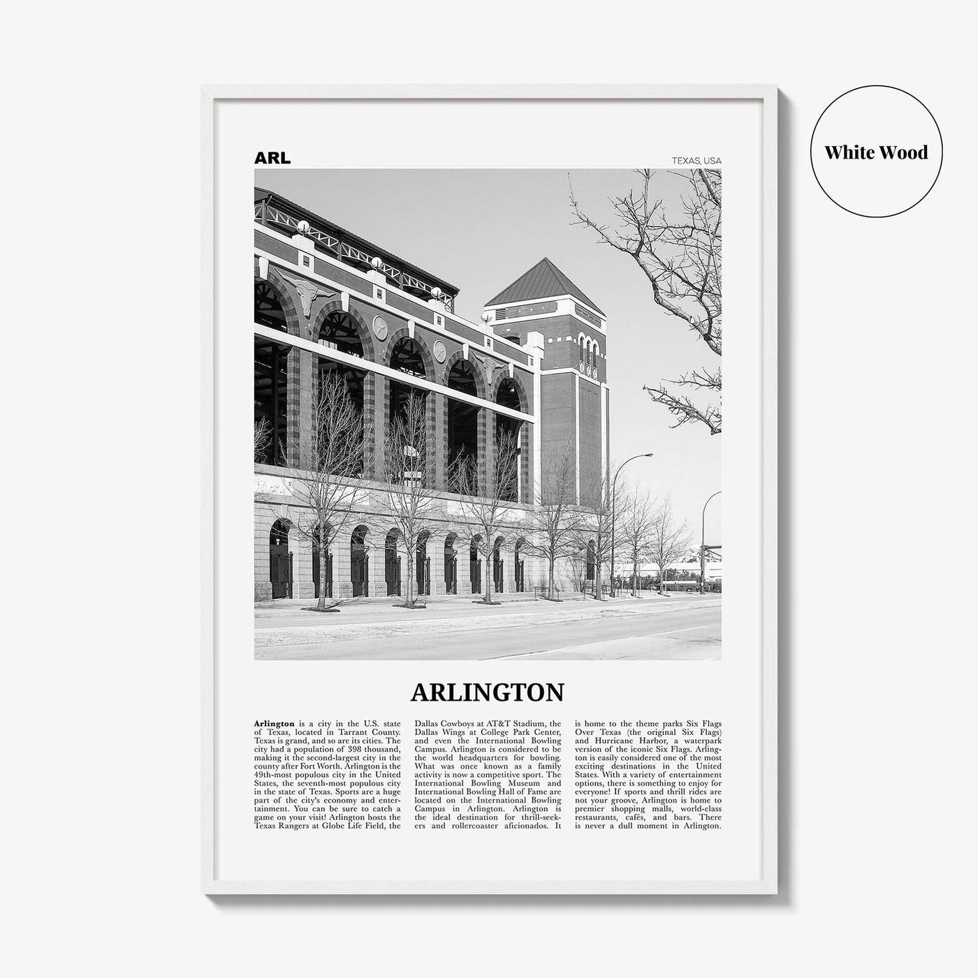Arlington Print Black and White Texas, Arlington Wall Art, Arlington Poster, Arlington Photo, Arlington Wall Décor, Texas, United States