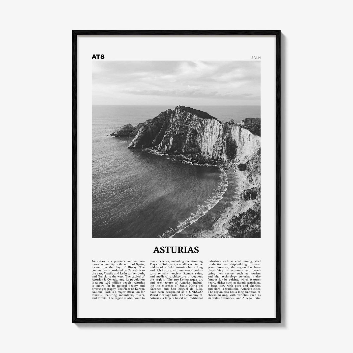 Asturias Print Black and White, Asturias Wall Art, Asturias Poster, Asturias Photo, Asturias Wall Décor, Asturias Map, Spain