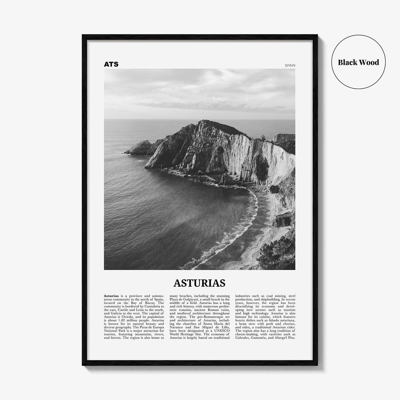 Asturias Print Black and White, Asturias Wall Art, Asturias Poster, Asturias Photo, Asturias Wall Décor, Asturias Map, Spain