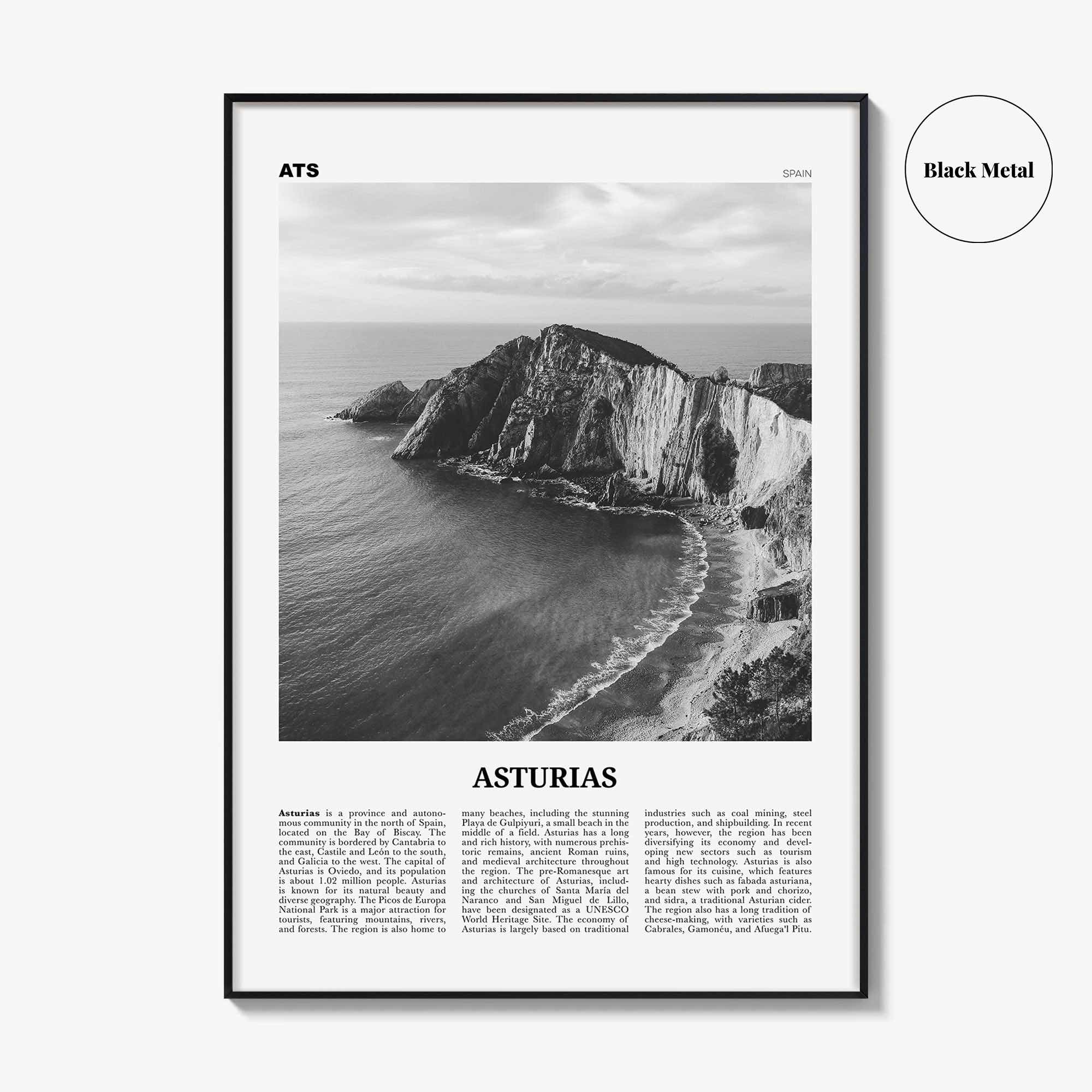 Asturias Print Black and White, Asturias Wall Art, Asturias Poster, Asturias Photo, Asturias Wall Décor, Asturias Map, Spain