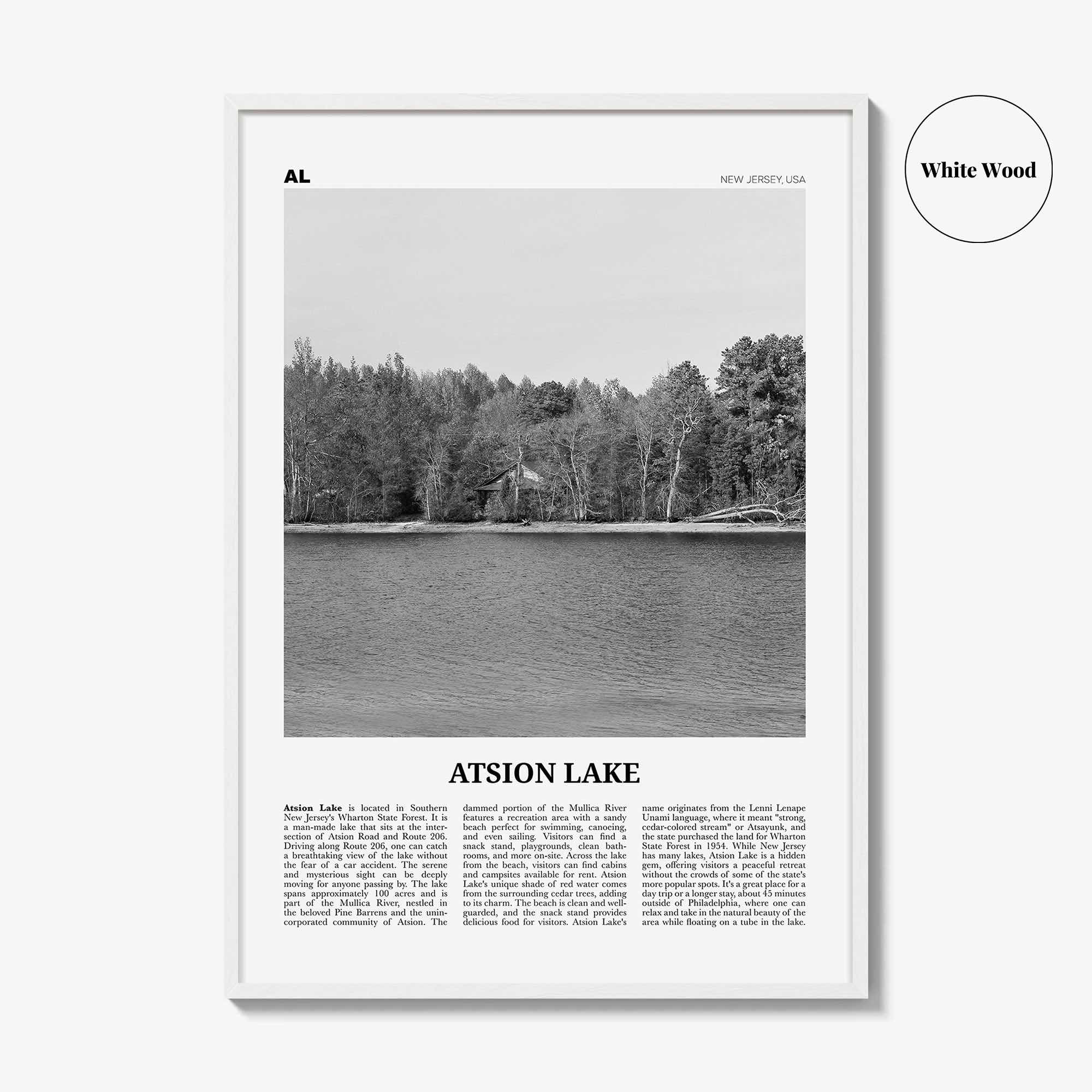 Atsion Lake Print Black and White, Atsion Lake Wall Art, Atsion Lake Poster, Atsion Lake Photo, Atsion Lake Wall Décor, Atsion Lake Map,