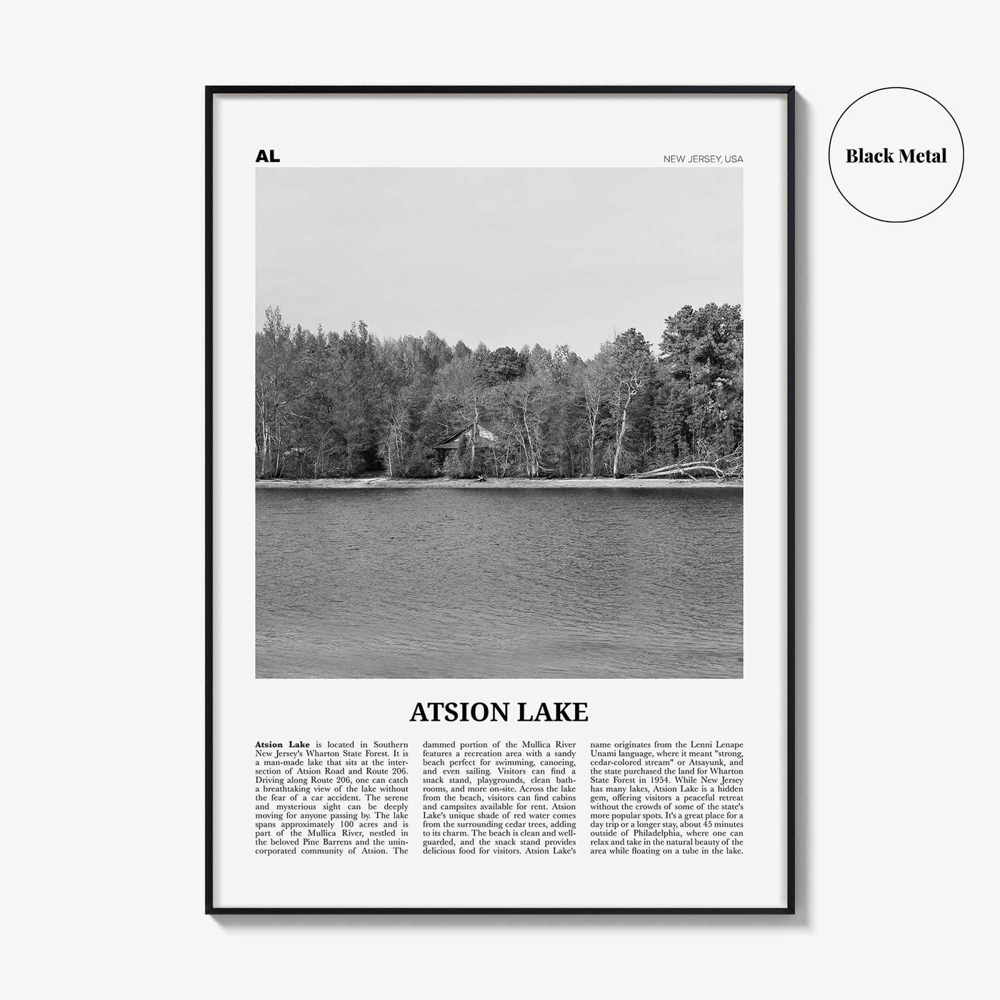 Atsion Lake Print Black and White, Atsion Lake Wall Art, Atsion Lake Poster, Atsion Lake Photo, Atsion Lake Wall Décor, Atsion Lake Map,