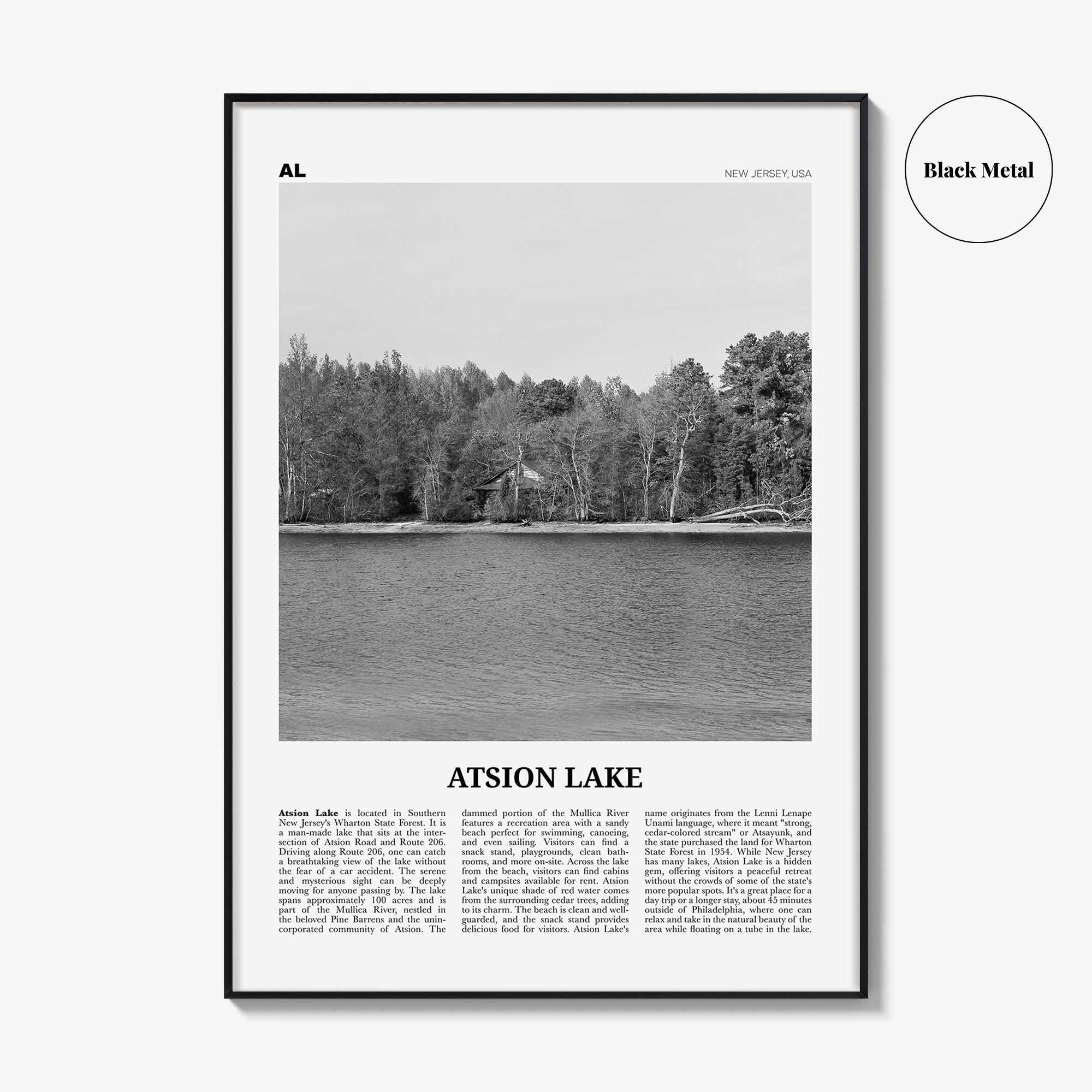 Atsion Lake Print Black and White, Atsion Lake Wall Art, Atsion Lake Poster, Atsion Lake Photo, Atsion Lake Wall Décor, Atsion Lake Map,