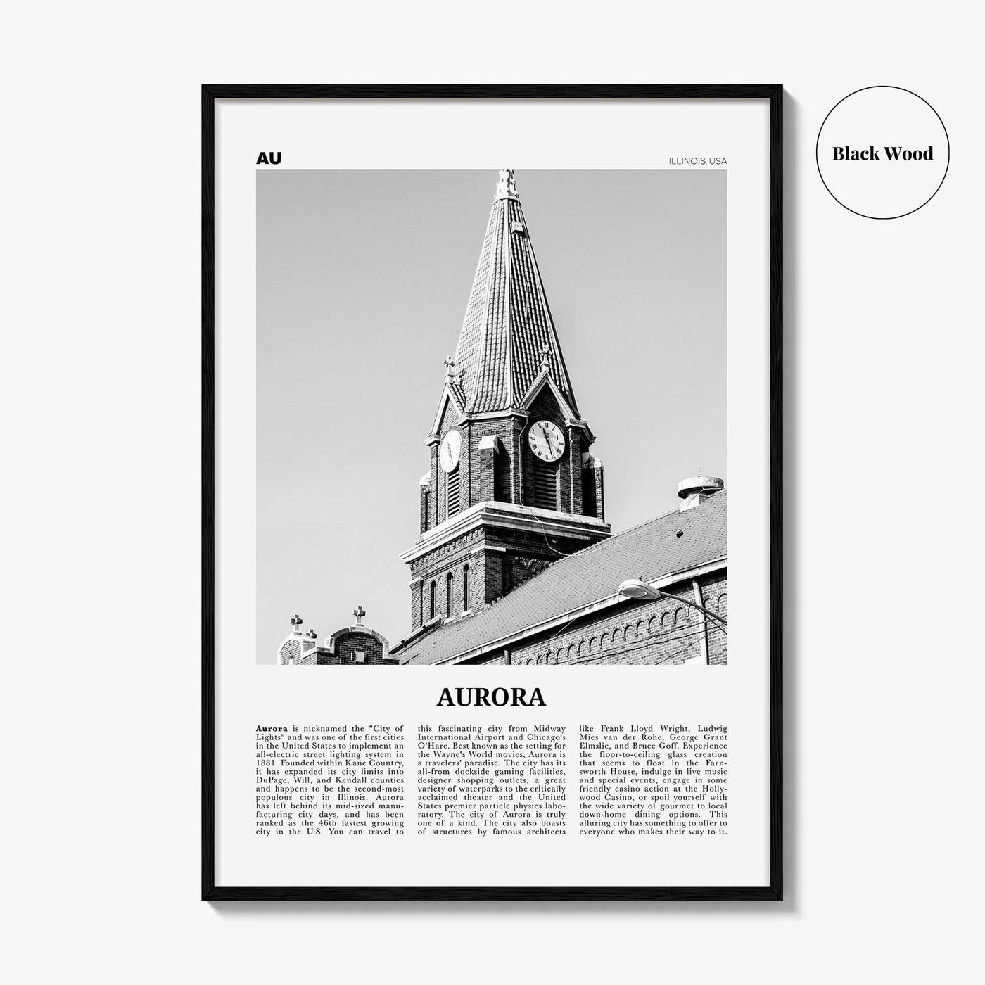 Aurora Print Black and White Illinois, Aurora Wall Art, Aurora Poster, Aurora Photo, Aurora Wall Décor, Illinois, USA, United States