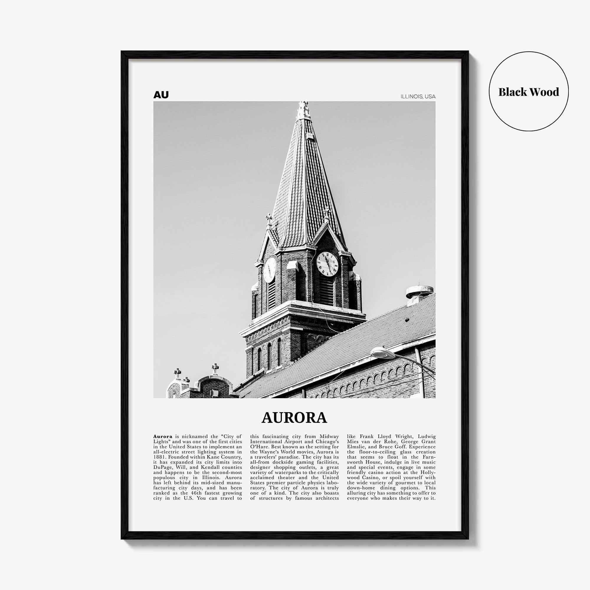 Aurora Print Black and White Illinois, Aurora Wall Art, Aurora Poster, Aurora Photo, Aurora Wall Décor, Illinois, USA, United States