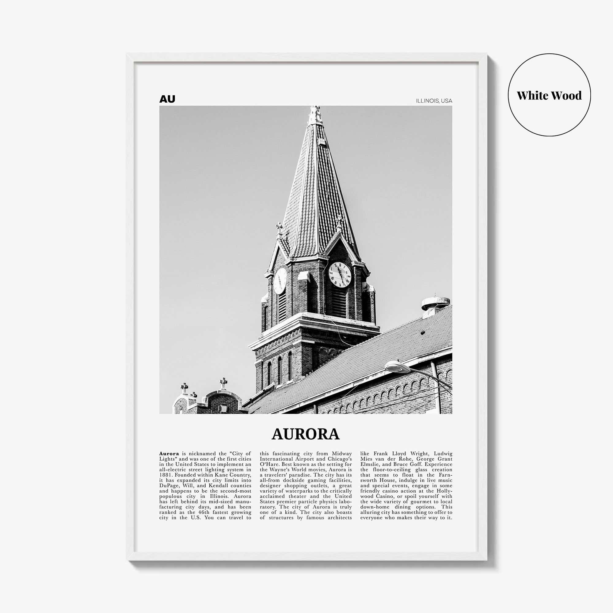 Aurora Print Black and White Illinois, Aurora Wall Art, Aurora Poster, Aurora Photo, Aurora Wall Décor, Illinois, USA, United States
