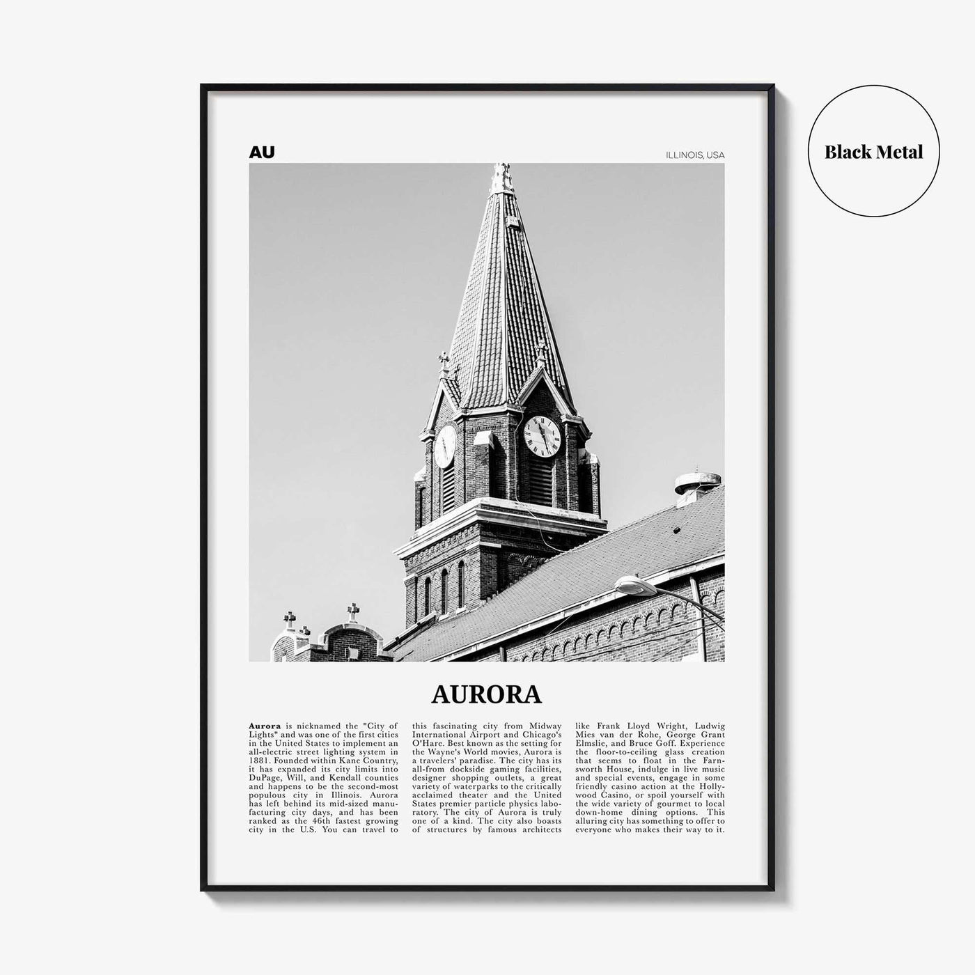 Aurora Print Black and White Illinois, Aurora Wall Art, Aurora Poster, Aurora Photo, Aurora Wall Décor, Illinois, USA, United States