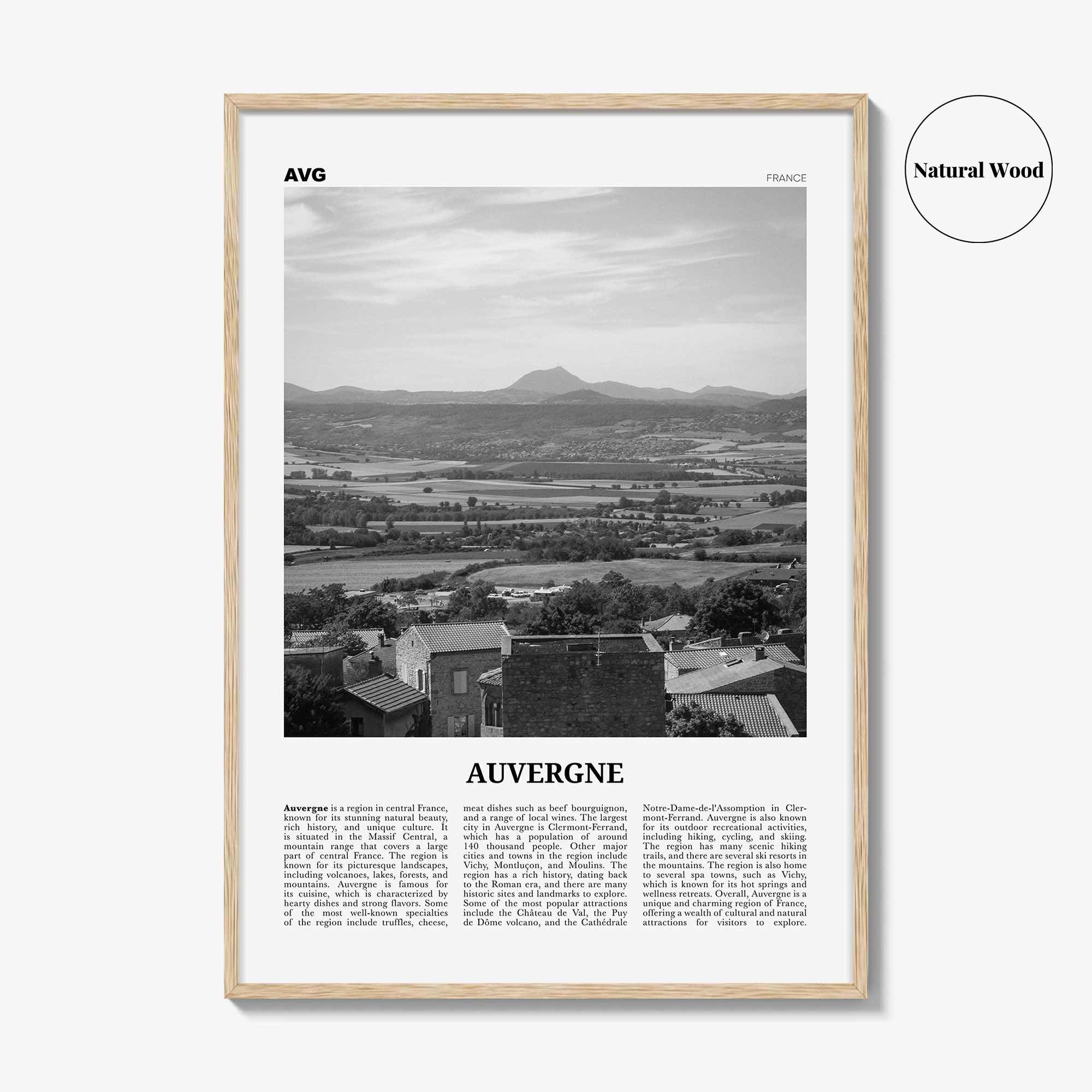 Auvergne Print Black and White, Auvergne Wall Art, Auvergne Poster, Auvergne Photo, Auvergne Wall Décor, Auvergne Map, France