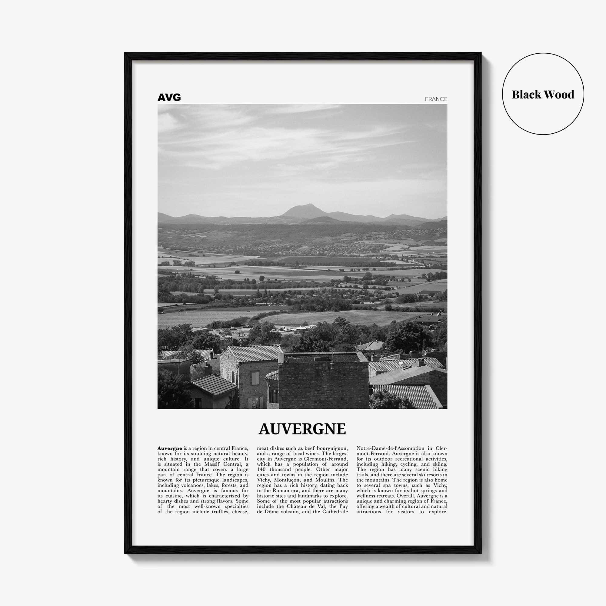Auvergne Print Black and White, Auvergne Wall Art, Auvergne Poster, Auvergne Photo, Auvergne Wall Décor, Auvergne Map, France