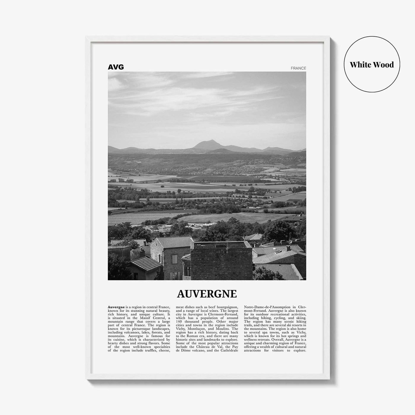 Auvergne Print Black and White, Auvergne Wall Art, Auvergne Poster, Auvergne Photo, Auvergne Wall Décor, Auvergne Map, France
