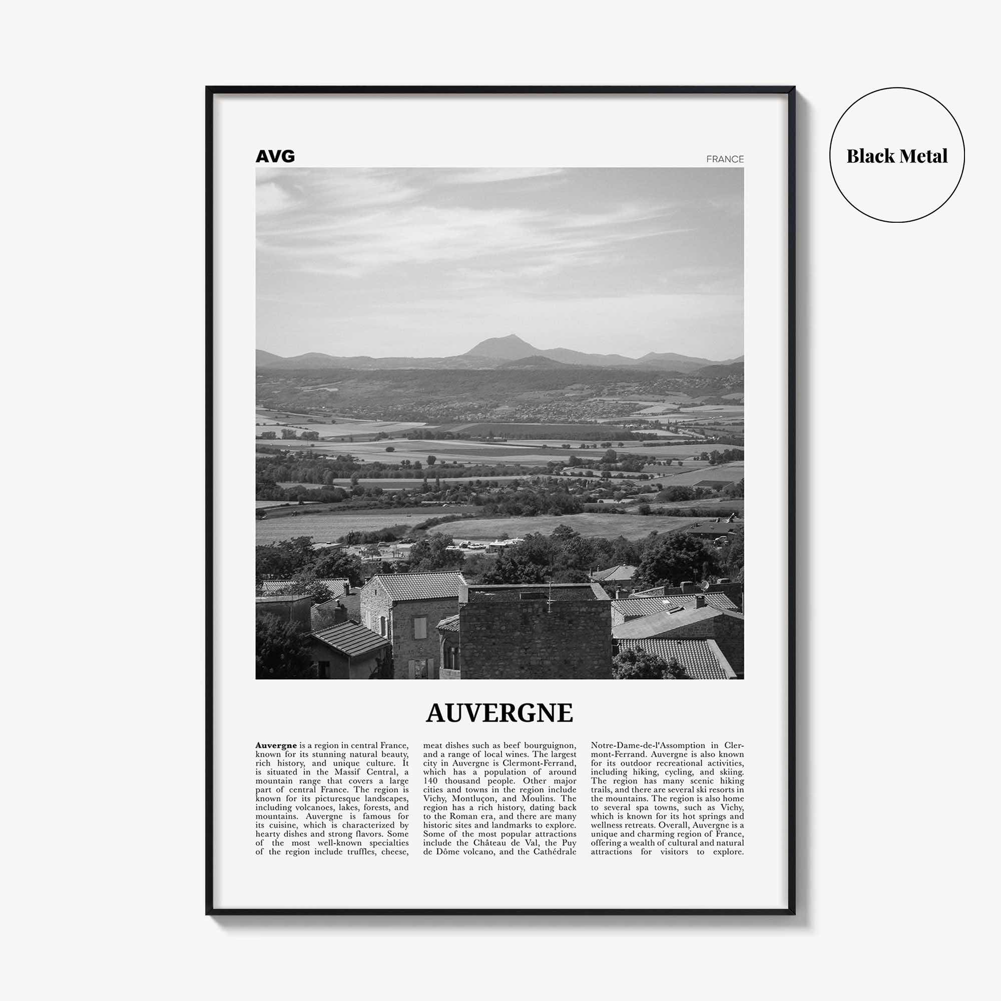 Auvergne Print Black and White, Auvergne Wall Art, Auvergne Poster, Auvergne Photo, Auvergne Wall Décor, Auvergne Map, France
