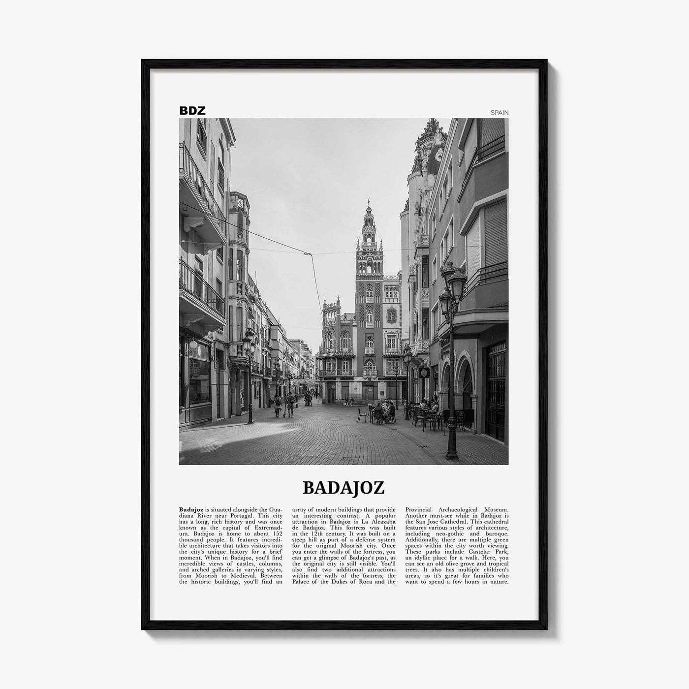 Badajoz Print Black and White, Badajoz Wall Art, Badajoz Poster, Badajoz Photo, Badajoz Wall Décor, Badajoz Map, Spain