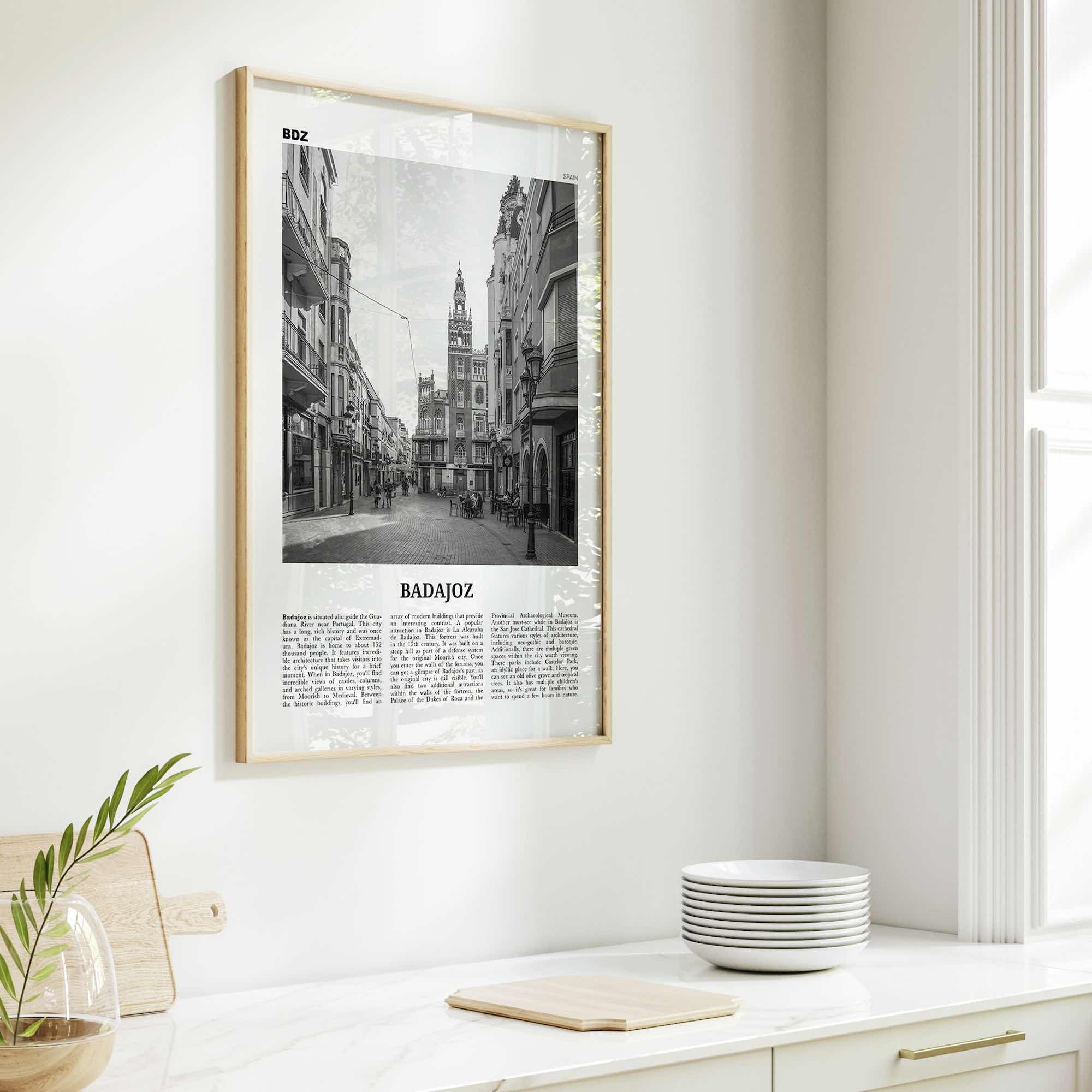 Badajoz Print Black and White, Badajoz Wall Art, Badajoz Poster, Badajoz Photo, Badajoz Wall Décor, Badajoz Map, Spain