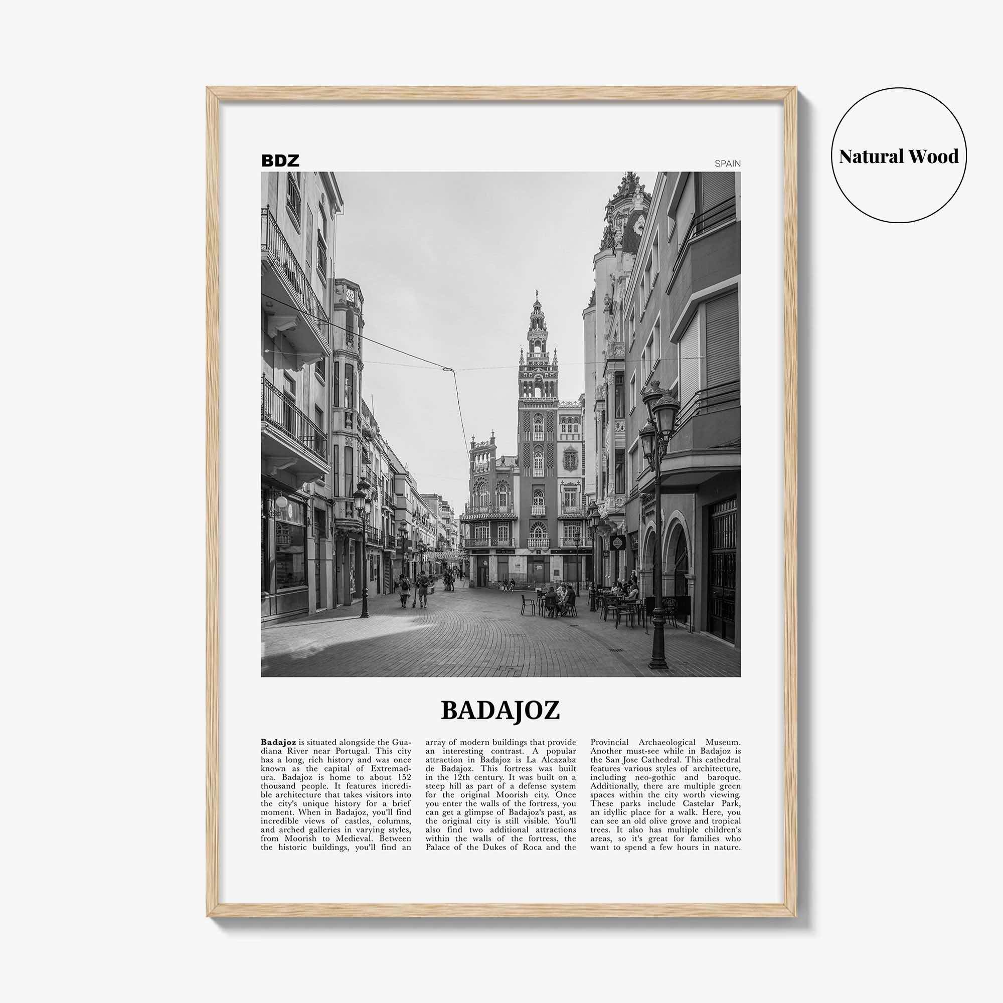 Badajoz Print Black and White, Badajoz Wall Art, Badajoz Poster, Badajoz Photo, Badajoz Wall Décor, Badajoz Map, Spain