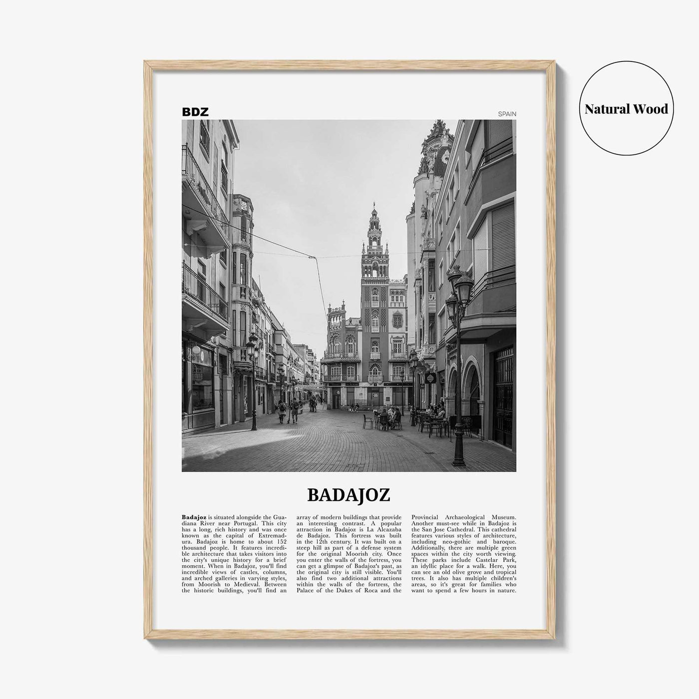 Badajoz Print Black and White, Badajoz Wall Art, Badajoz Poster, Badajoz Photo, Badajoz Wall Décor, Badajoz Map, Spain