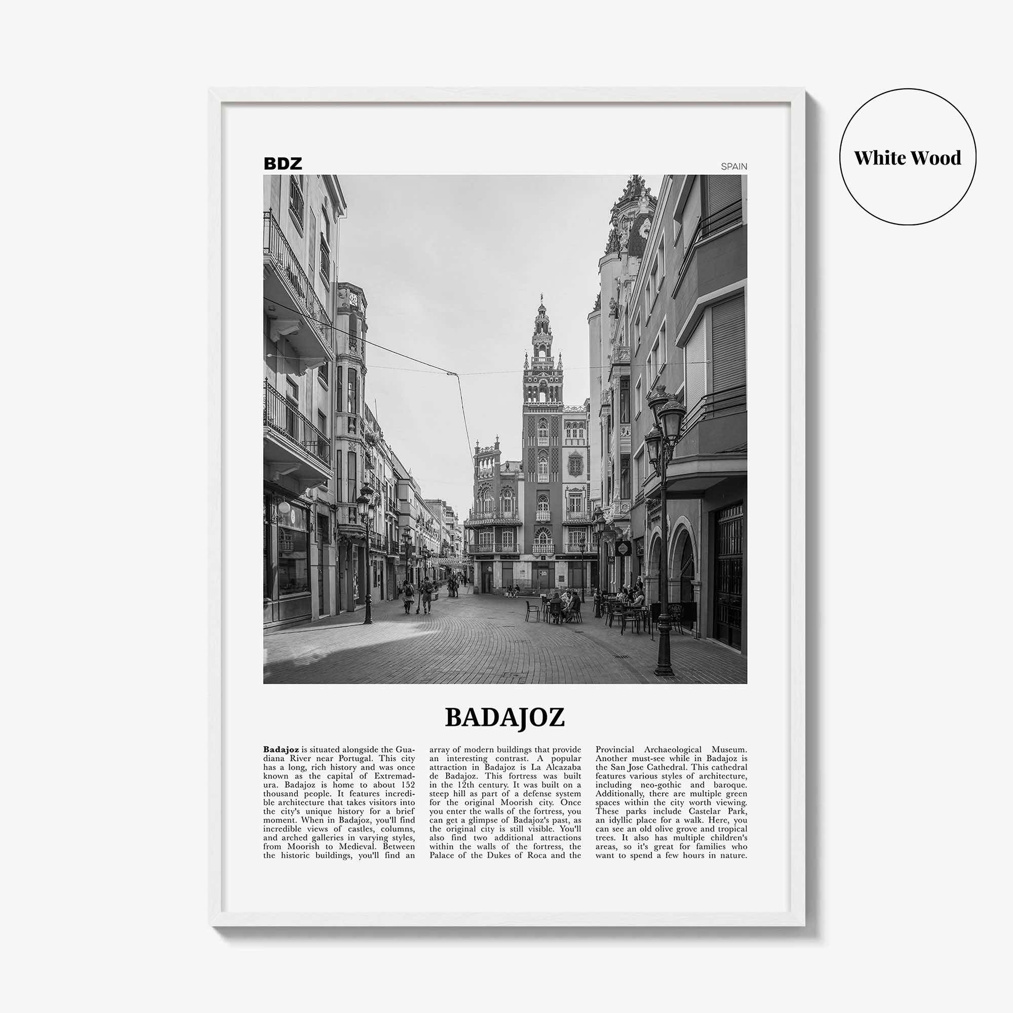 Badajoz Print Black and White, Badajoz Wall Art, Badajoz Poster, Badajoz Photo, Badajoz Wall Décor, Badajoz Map, Spain