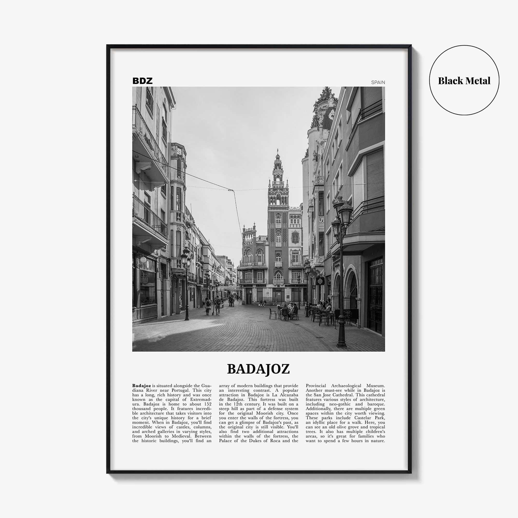 Badajoz Print Black and White, Badajoz Wall Art, Badajoz Poster, Badajoz Photo, Badajoz Wall Décor, Badajoz Map, Spain