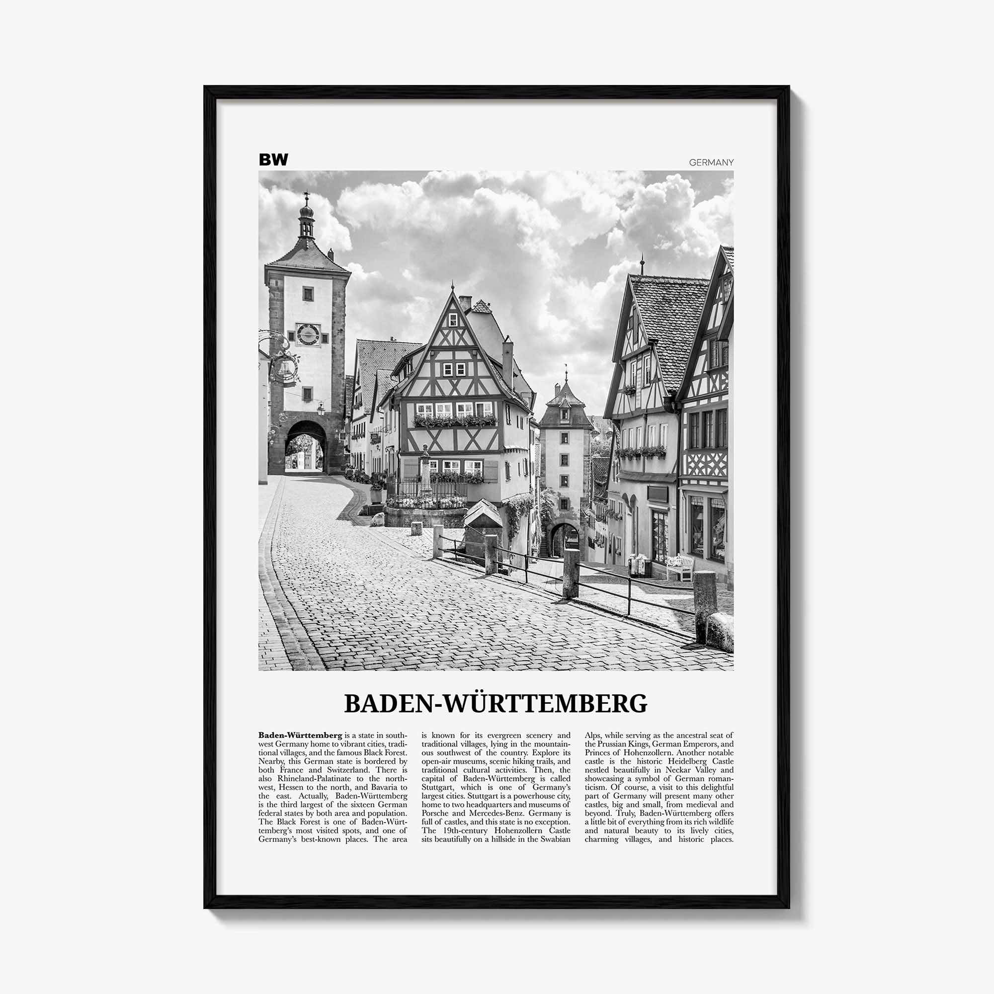 Baden Wurttemberg Print Black and White No 1, Baden-Wurttemberg Wall Art, Baden-Wurttemberg Poster, Baden-Wurttemberg Photo, Wurttemberg Map