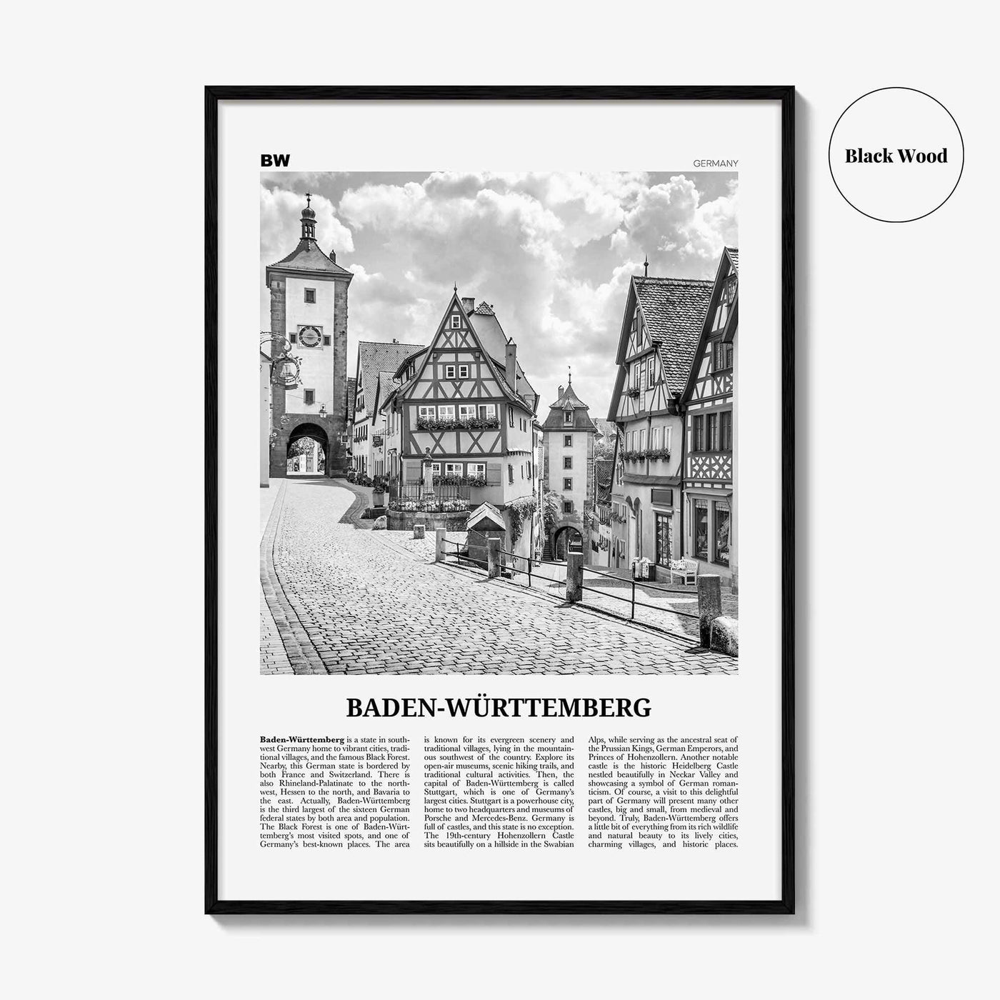 Baden Wurttemberg Print Black and White No 1, Baden-Wurttemberg Wall Art, Baden-Wurttemberg Poster, Baden-Wurttemberg Photo, Wurttemberg Map