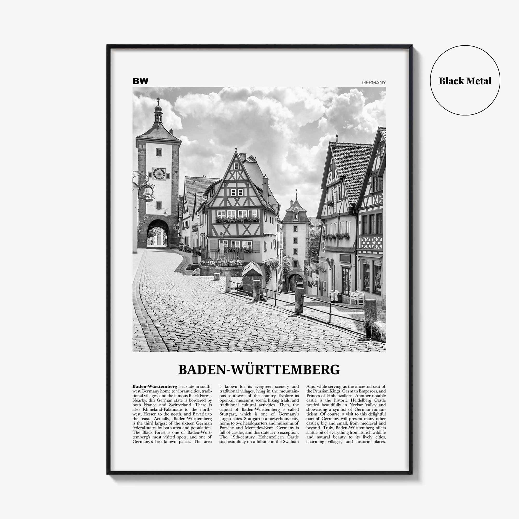 Baden Wurttemberg Print Black and White No 1, Baden-Wurttemberg Wall Art, Baden-Wurttemberg Poster, Baden-Wurttemberg Photo, Wurttemberg Map
