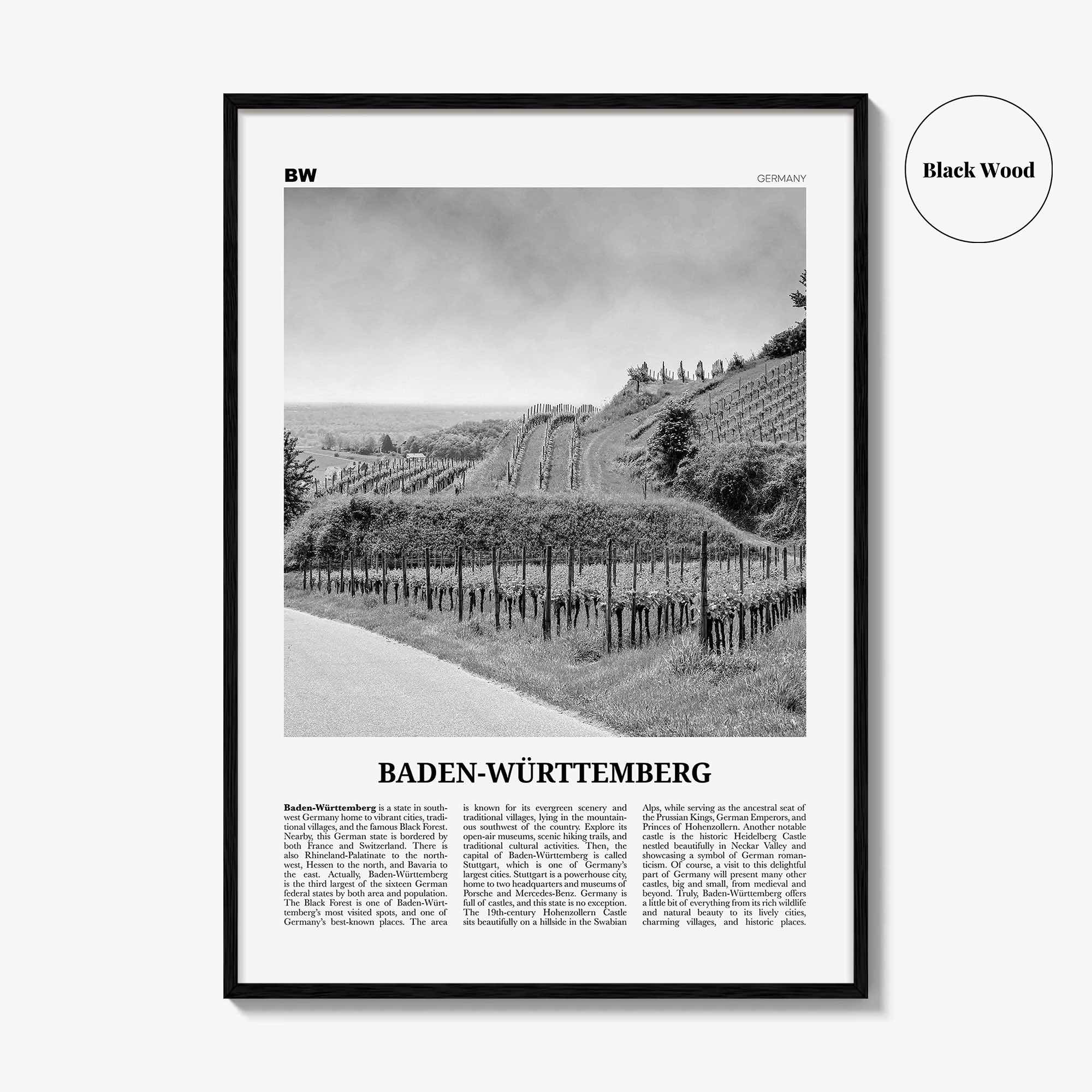 Baden Wurttemberg Print Black and White No 2, Baden-Wurttemberg Wall Art, Baden-Wurttemberg Poster, Baden-Wurttemberg Photo, Wurttemberg Map