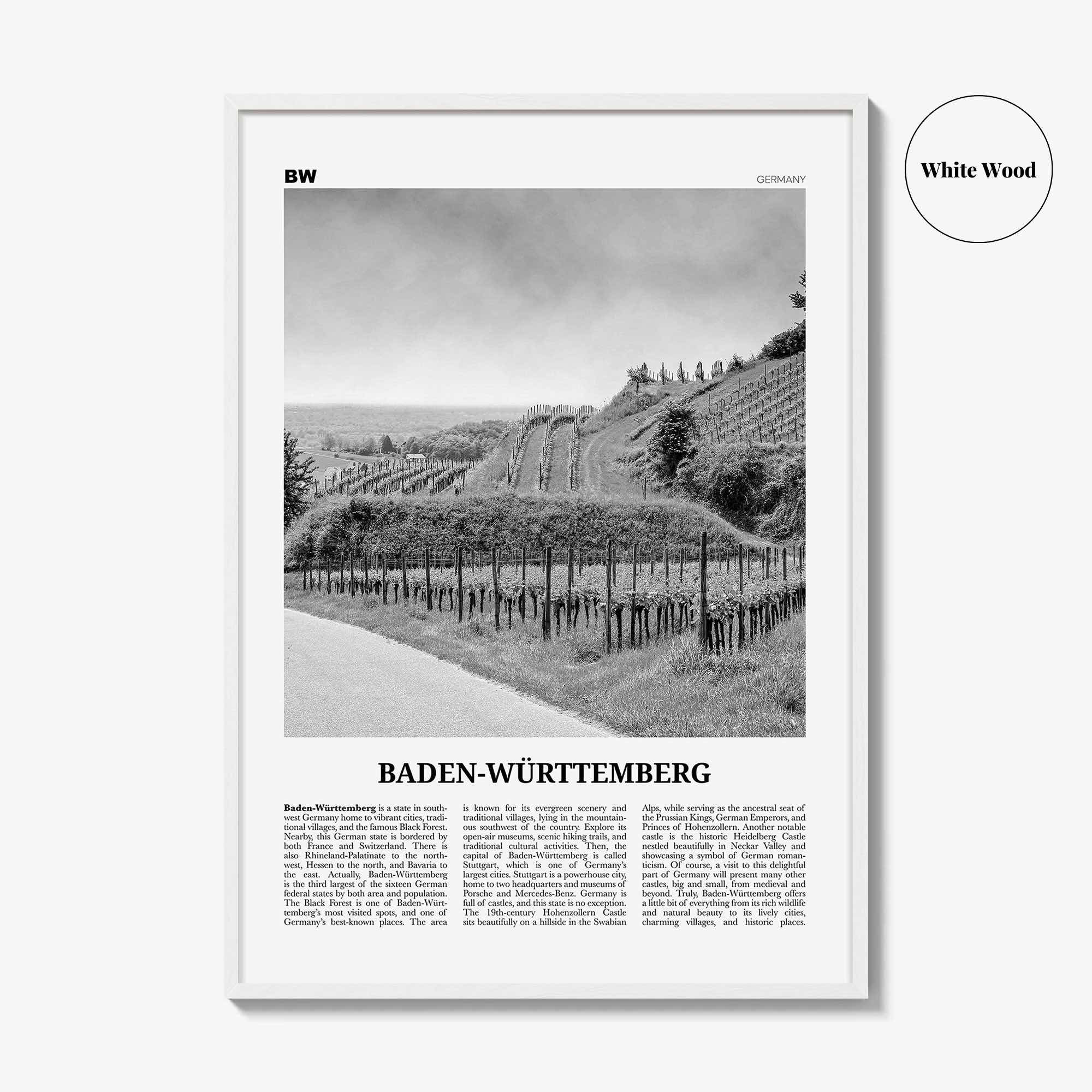 Baden Wurttemberg Print Black and White No 2, Baden-Wurttemberg Wall Art, Baden-Wurttemberg Poster, Baden-Wurttemberg Photo, Wurttemberg Map