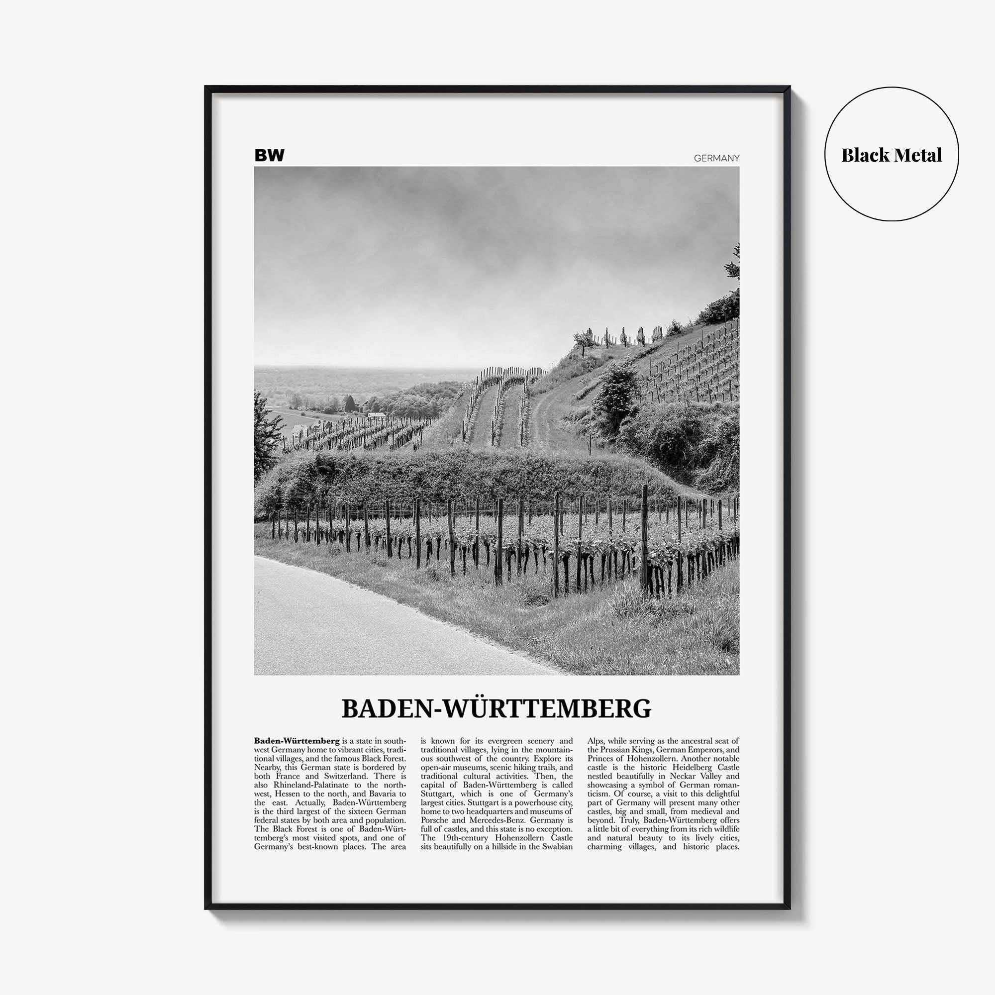 Baden Wurttemberg Print Black and White No 2, Baden-Wurttemberg Wall Art, Baden-Wurttemberg Poster, Baden-Wurttemberg Photo, Wurttemberg Map