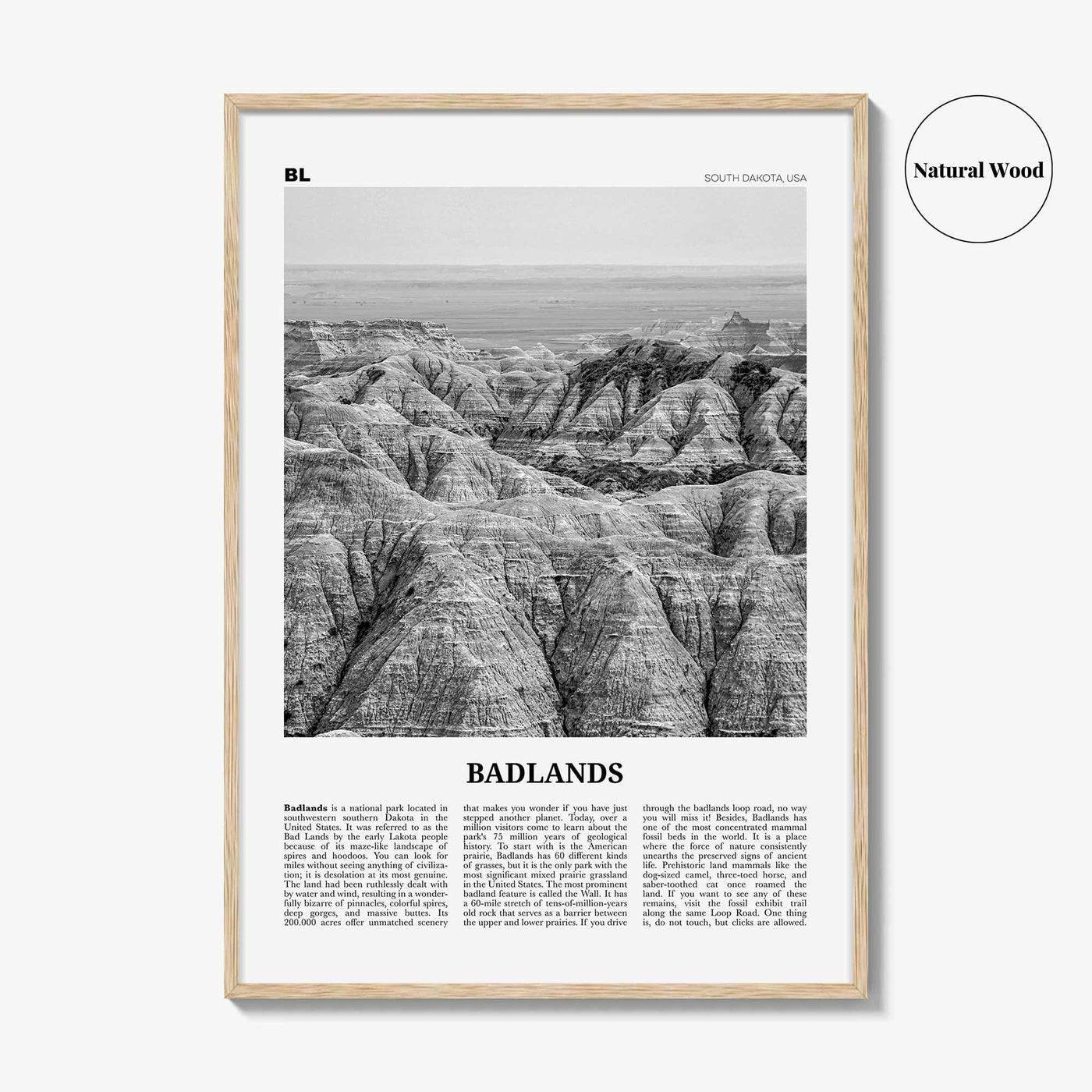 Badlands National Park Print Black and White, Badlands Wall Art, Badlands Poster, Badlands Photo, South Dakota, USA, United States