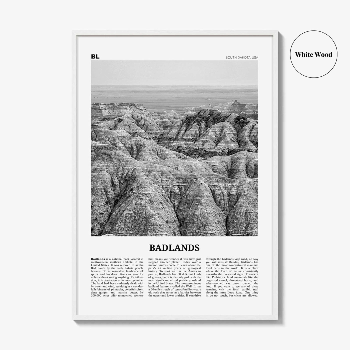 Badlands National Park Print Black and White, Badlands Wall Art, Badlands Poster, Badlands Photo, South Dakota, USA, United States
