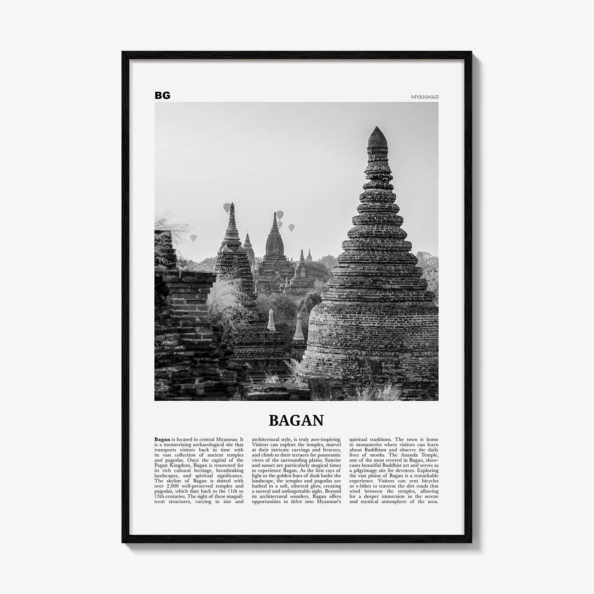 Bagan Print Black and White, Bagan Wall Art, Bagan Poster, Bagan Photo, Bagan Wall Décor, Bagan Map, Myanmar, Burma