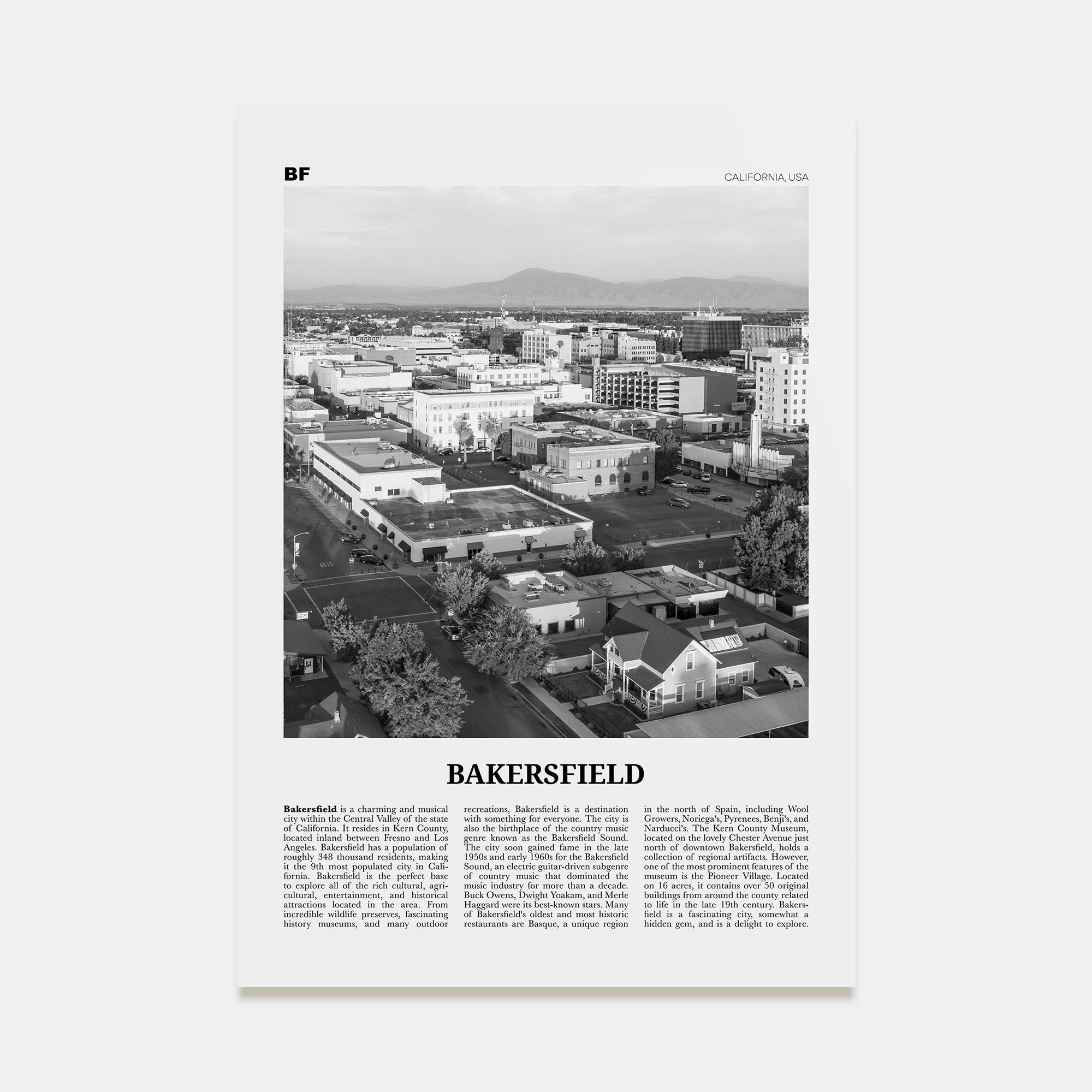 Bakersfield Travel B&W Poster