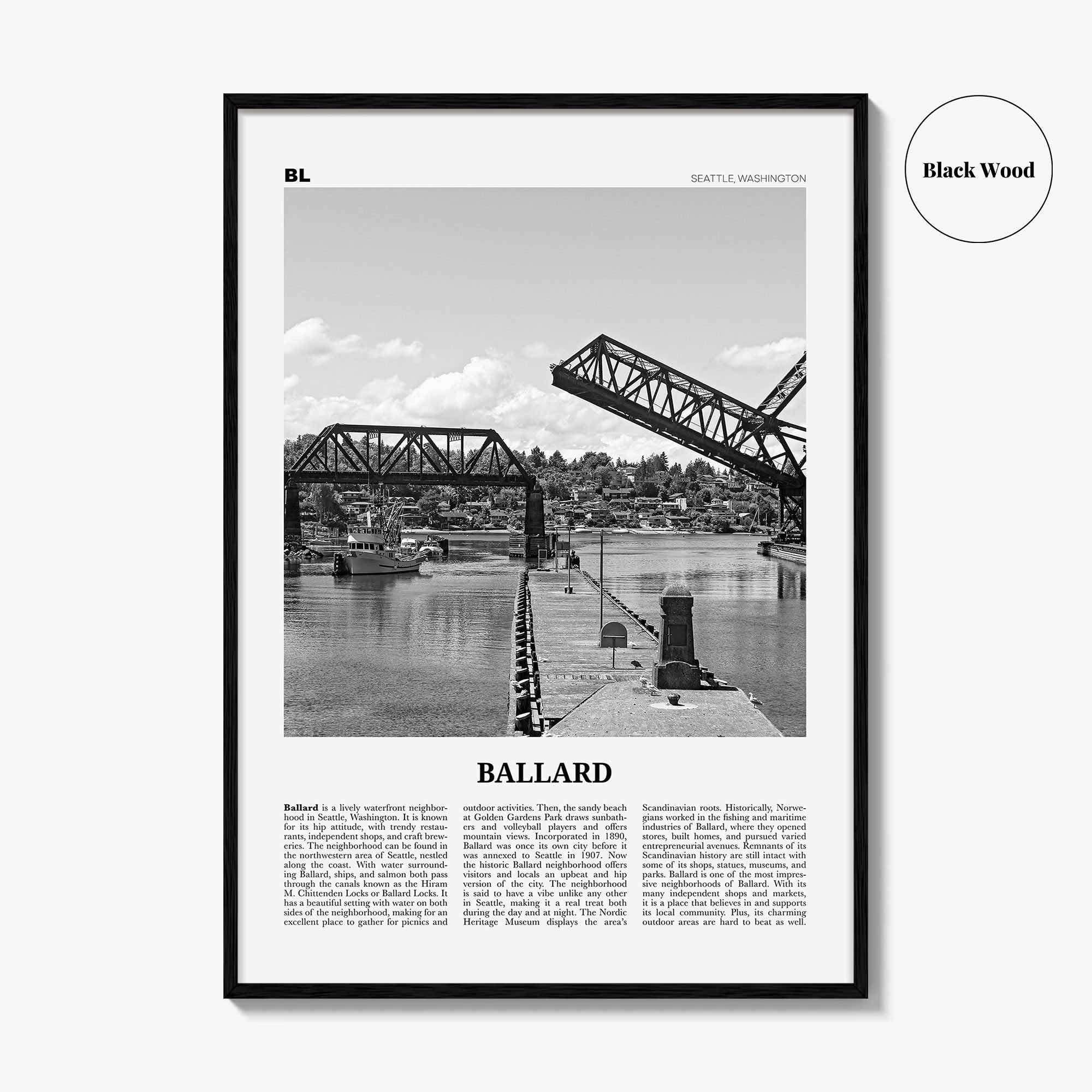 Ballard Print Black and White, Ballard Wall Art, Ballard Poster, Ballard Photo, Ballard Wall Décor, Ballard Map, Washington, USA