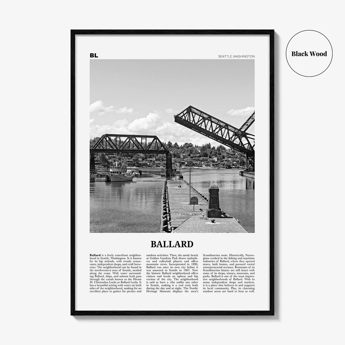 Ballard Print Black and White, Ballard Wall Art, Ballard Poster, Ballard Photo, Ballard Wall Décor, Ballard Map, Washington, USA