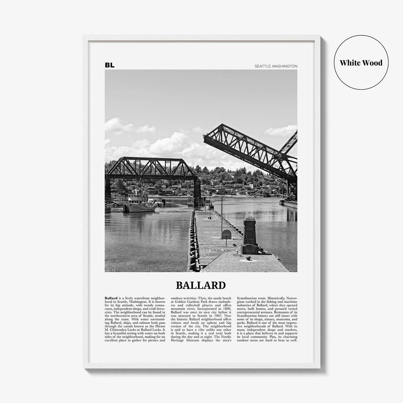 Ballard Print Black and White, Ballard Wall Art, Ballard Poster, Ballard Photo, Ballard Wall Décor, Ballard Map, Washington, USA