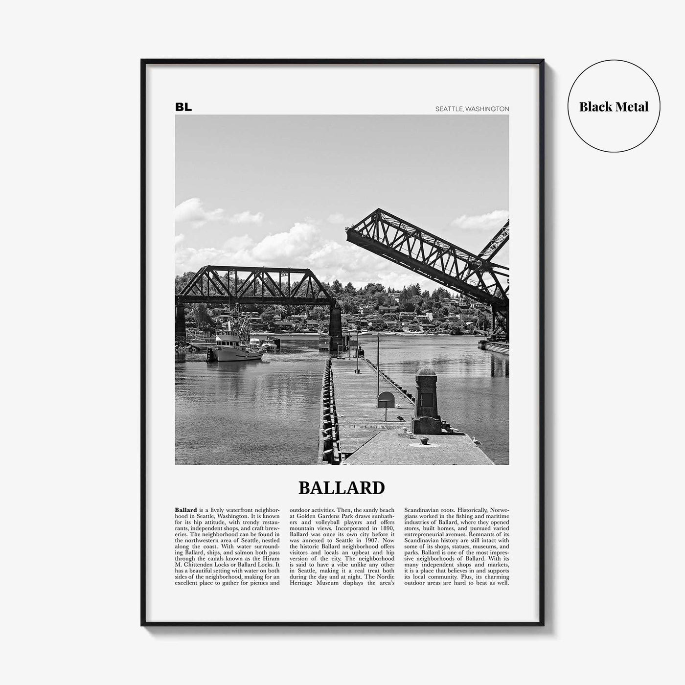 Ballard Print Black and White, Ballard Wall Art, Ballard Poster, Ballard Photo, Ballard Wall Décor, Ballard Map, Washington, USA