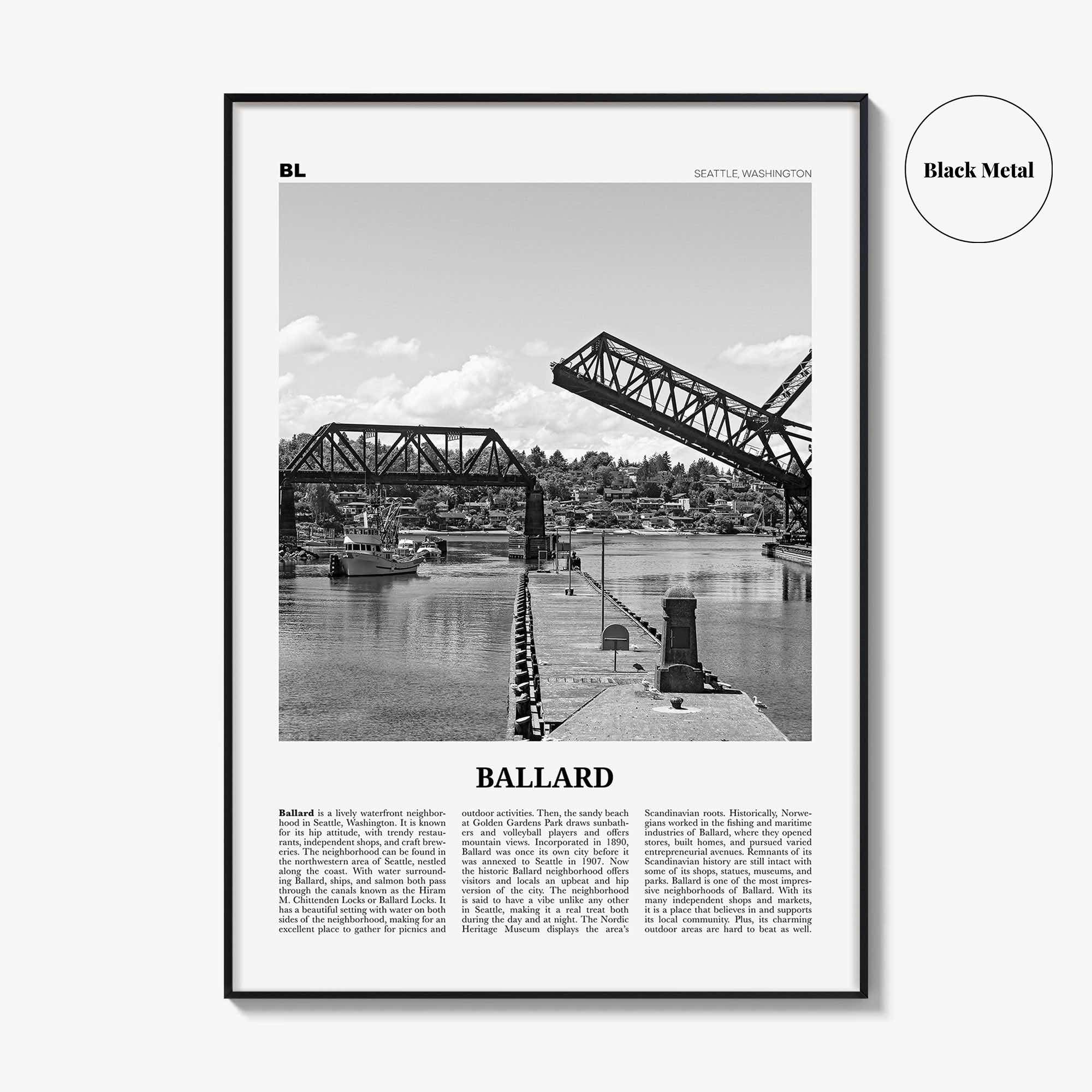 Ballard Print Black and White, Ballard Wall Art, Ballard Poster, Ballard Photo, Ballard Wall Décor, Ballard Map, Washington, USA