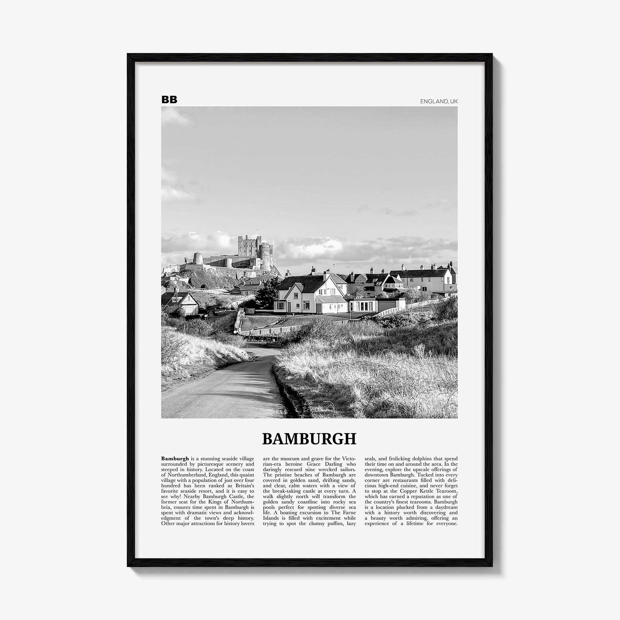 Bamburgh Print Black and White, Bamburgh Wall Art, Bamburgh Poster, Bamburgh Photo, Northumberland, England, UK, United Kingdom