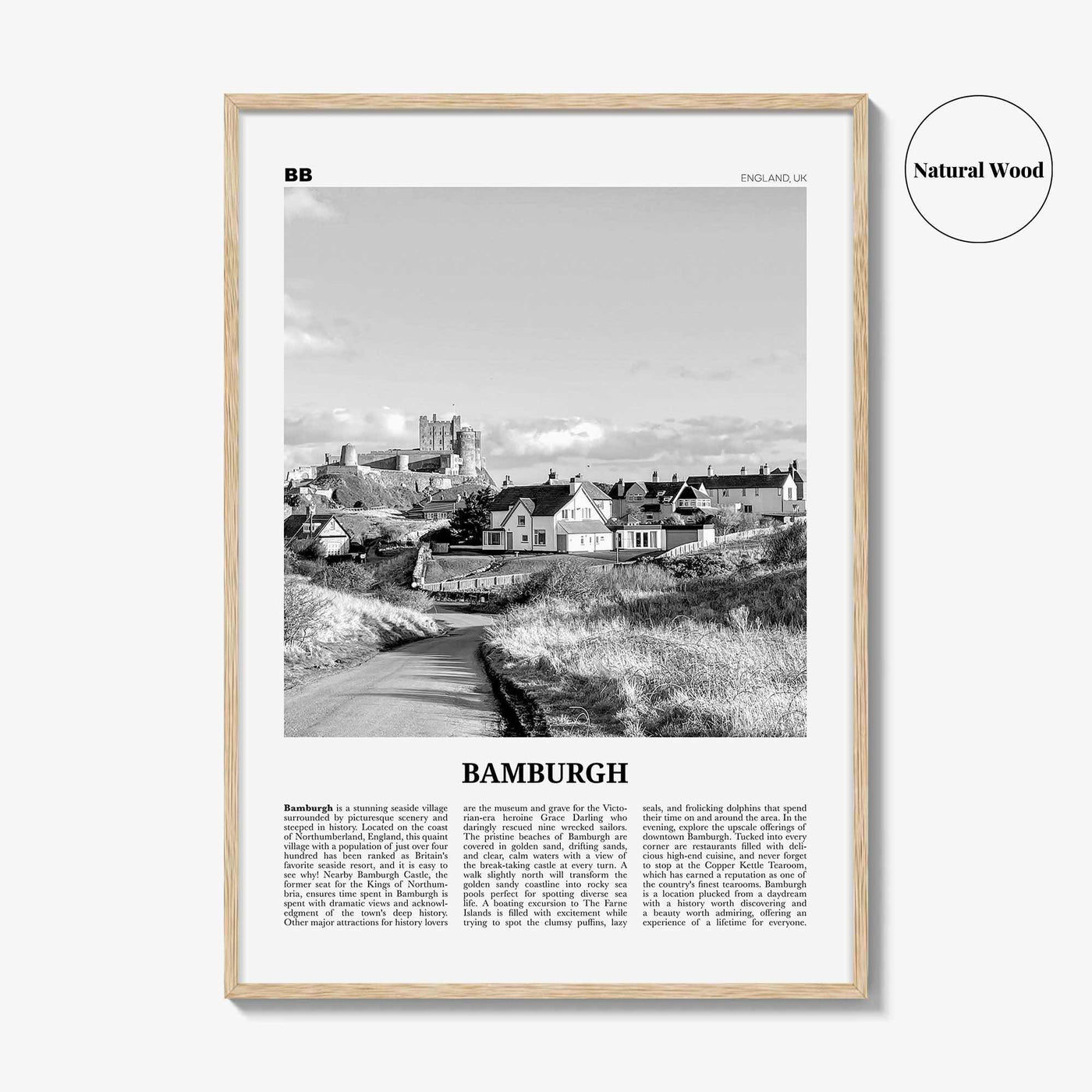 Bamburgh Print Black and White, Bamburgh Wall Art, Bamburgh Poster, Bamburgh Photo, Northumberland, England, UK, United Kingdom