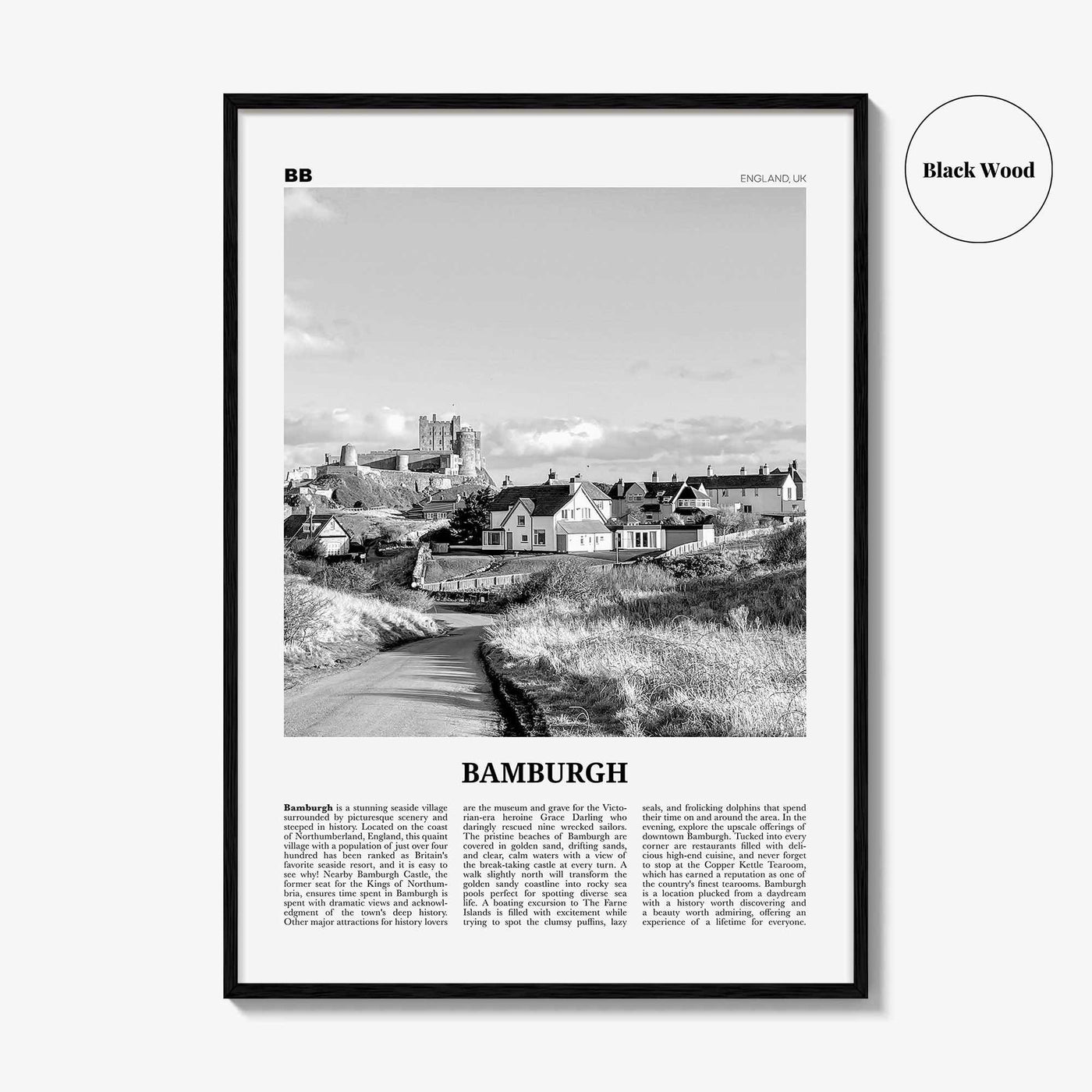 Bamburgh Print Black and White, Bamburgh Wall Art, Bamburgh Poster, Bamburgh Photo, Northumberland, England, UK, United Kingdom