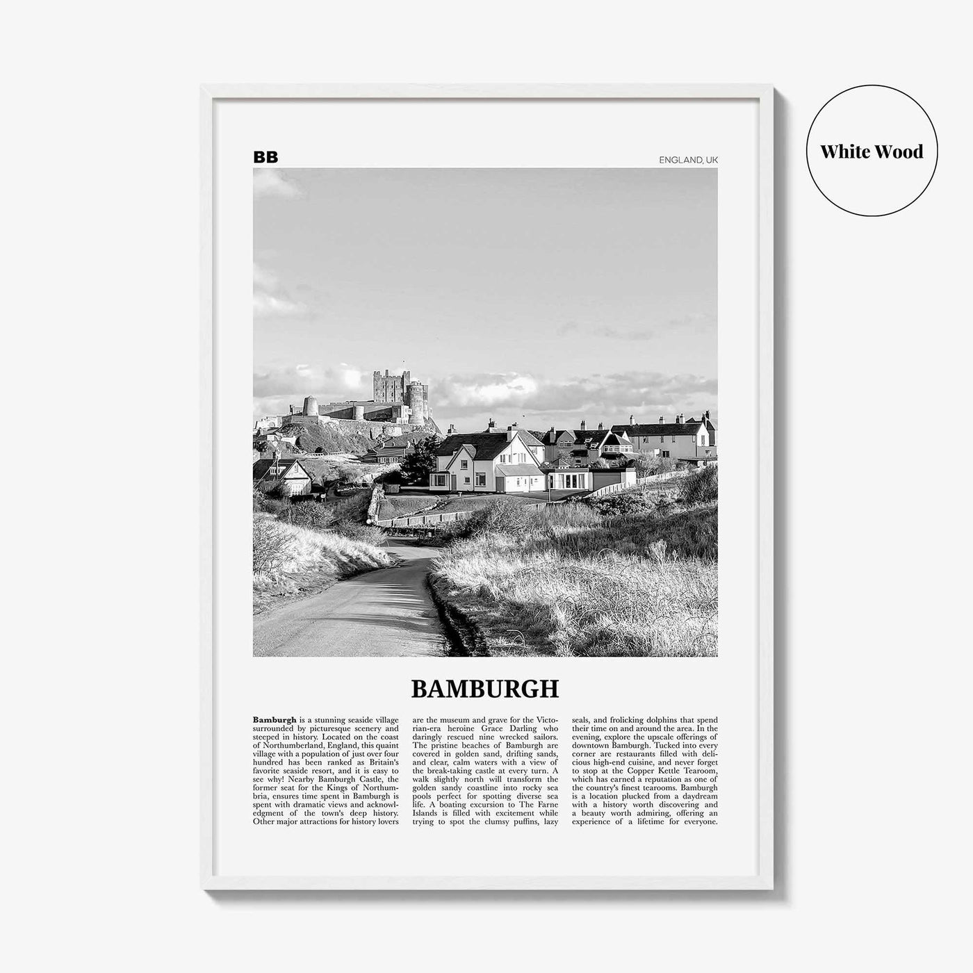 Bamburgh Print Black and White, Bamburgh Wall Art, Bamburgh Poster, Bamburgh Photo, Northumberland, England, UK, United Kingdom