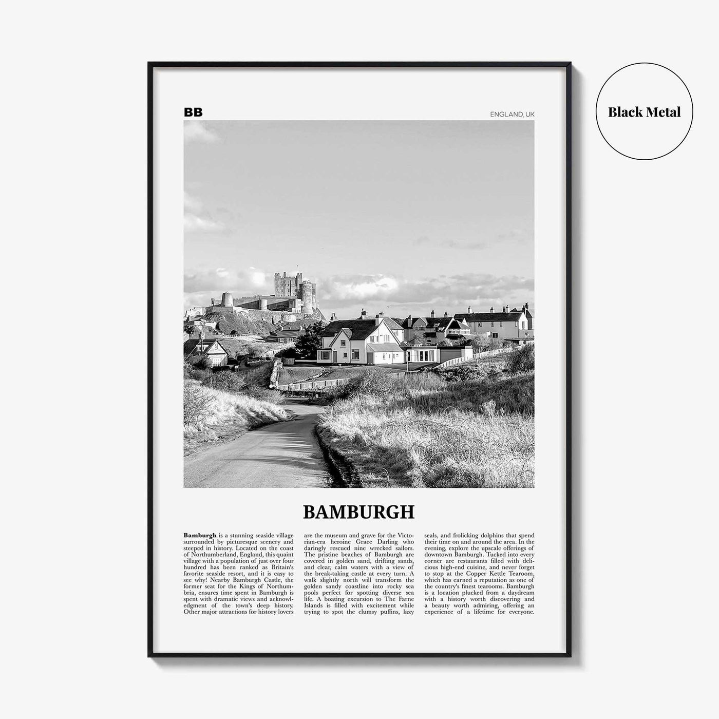 Bamburgh Print Black and White, Bamburgh Wall Art, Bamburgh Poster, Bamburgh Photo, Northumberland, England, UK, United Kingdom