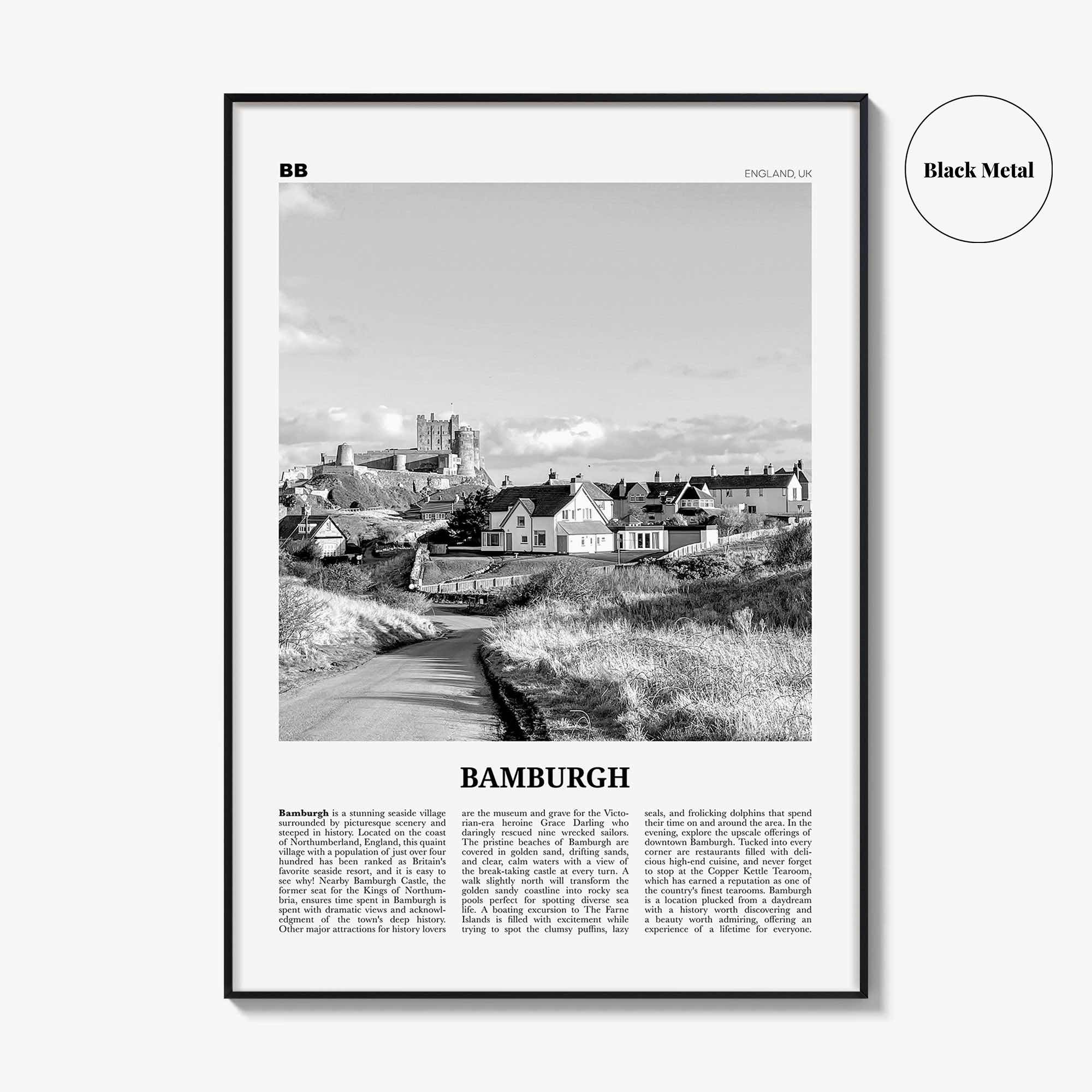 Bamburgh Print Black and White, Bamburgh Wall Art, Bamburgh Poster, Bamburgh Photo, Northumberland, England, UK, United Kingdom