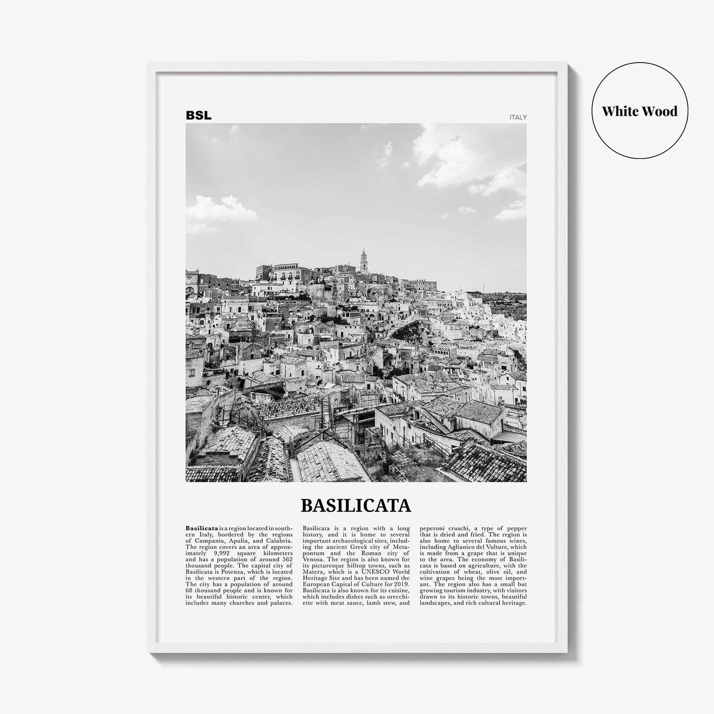 Basilicata Print Black and White, Basilicata Wall Art, Basilicata Poster, Basilicata Photo, Basilicata Wall Décor, Basilicata Map, Italy