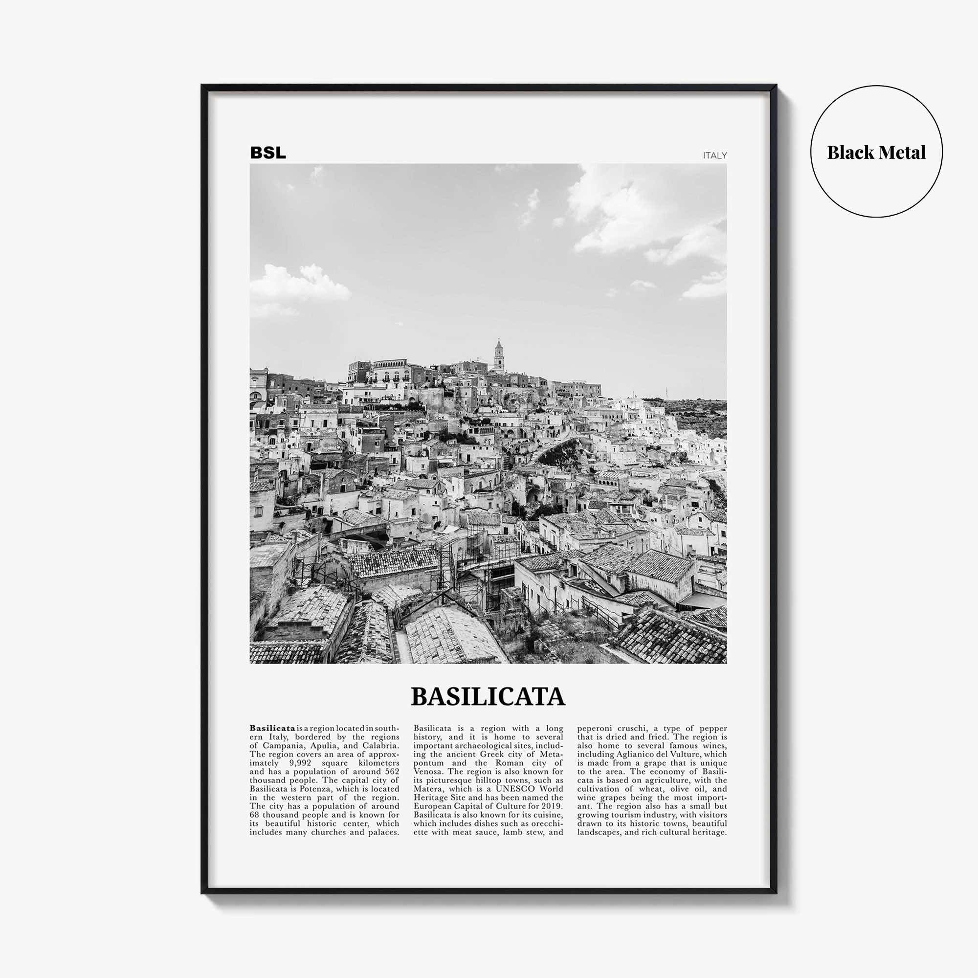 Basilicata Print Black and White, Basilicata Wall Art, Basilicata Poster, Basilicata Photo, Basilicata Wall Décor, Basilicata Map, Italy