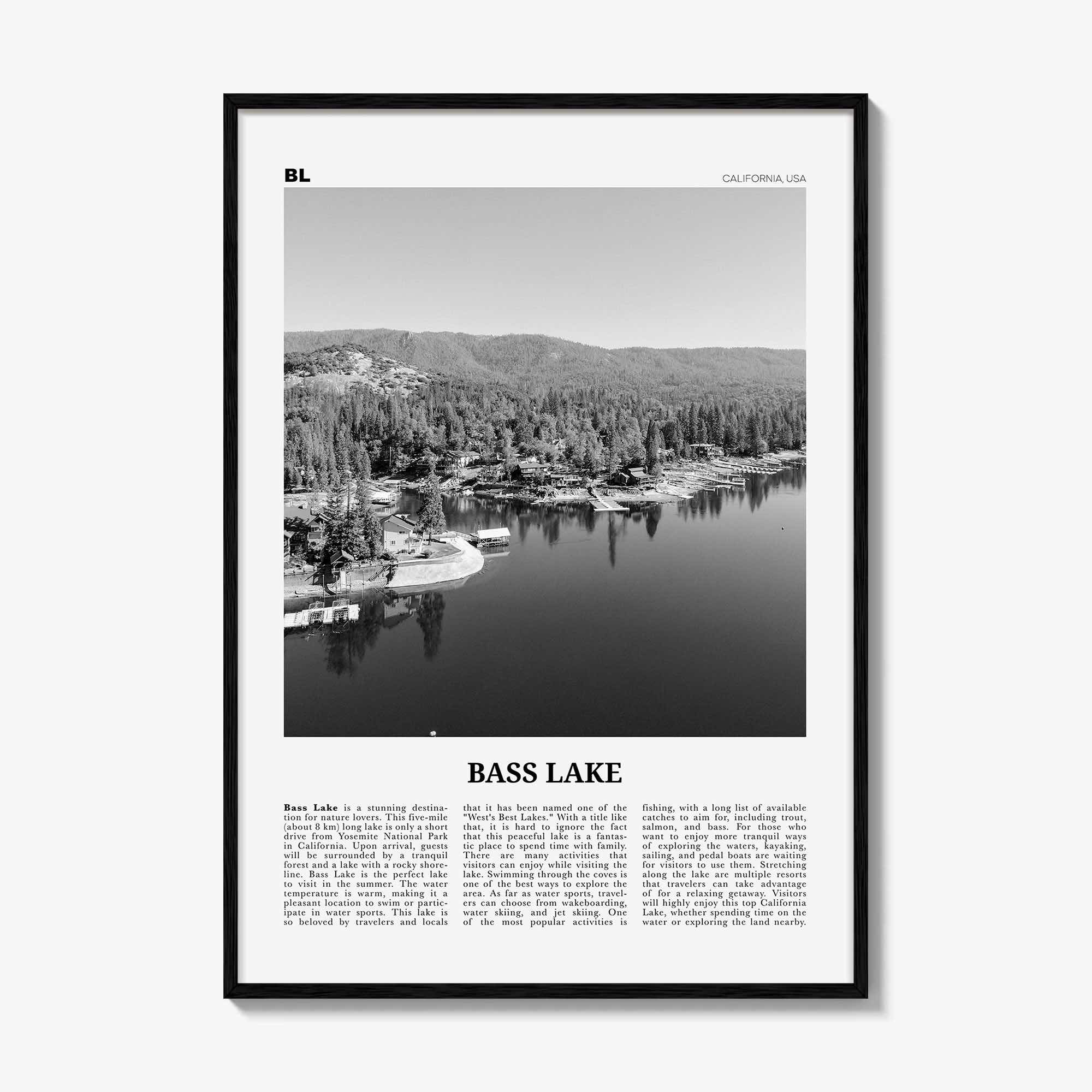 Bass Lake Print Black and White, Bass Lake Wall Art, Bass Lake Poster, Bass Lake Photo, Bass Lake Wall Décor, Bass Lake Map, California, USA