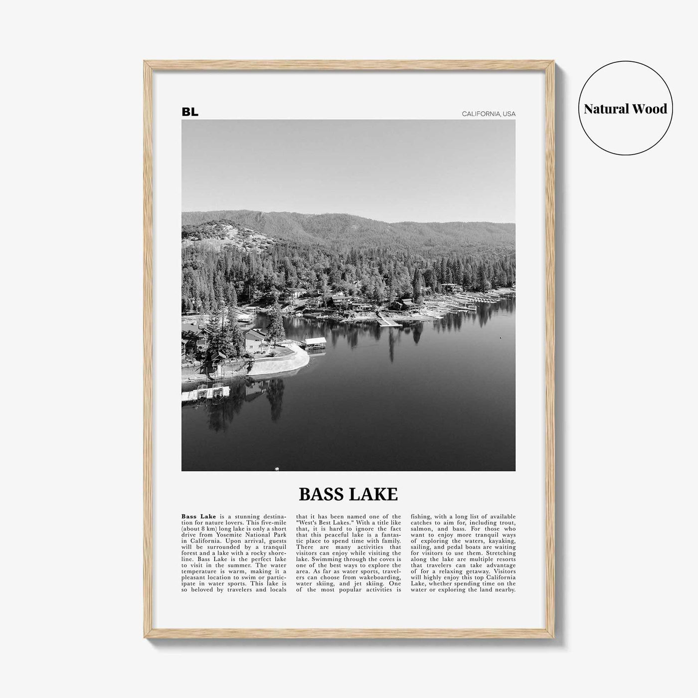 Bass Lake Print Black and White, Bass Lake Wall Art, Bass Lake Poster, Bass Lake Photo, Bass Lake Wall Décor, Bass Lake Map, California, USA