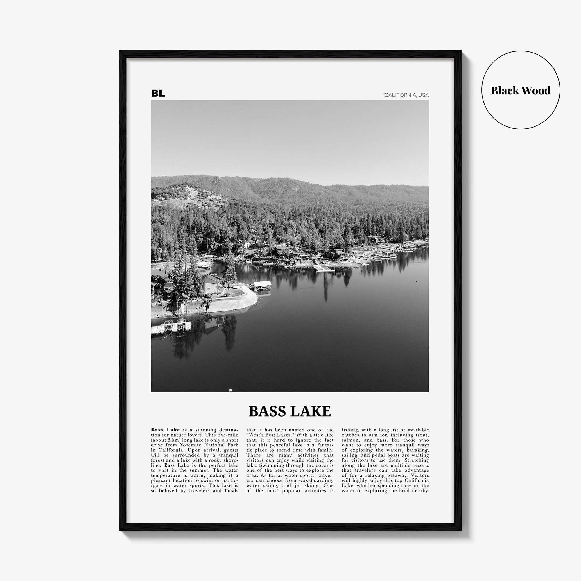 Bass Lake Print Black and White, Bass Lake Wall Art, Bass Lake Poster, Bass Lake Photo, Bass Lake Wall Décor, Bass Lake Map, California, USA