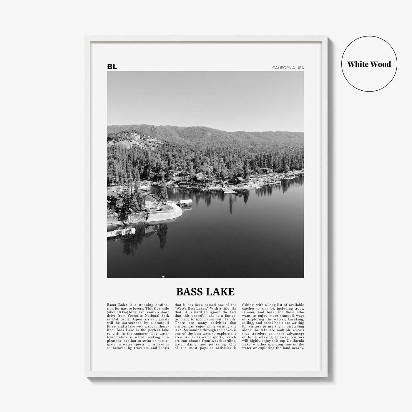 Bass Lake Print Black and White, Bass Lake Wall Art, Bass Lake Poster, Bass Lake Photo, Bass Lake Wall Décor, Bass Lake Map, California, USA
