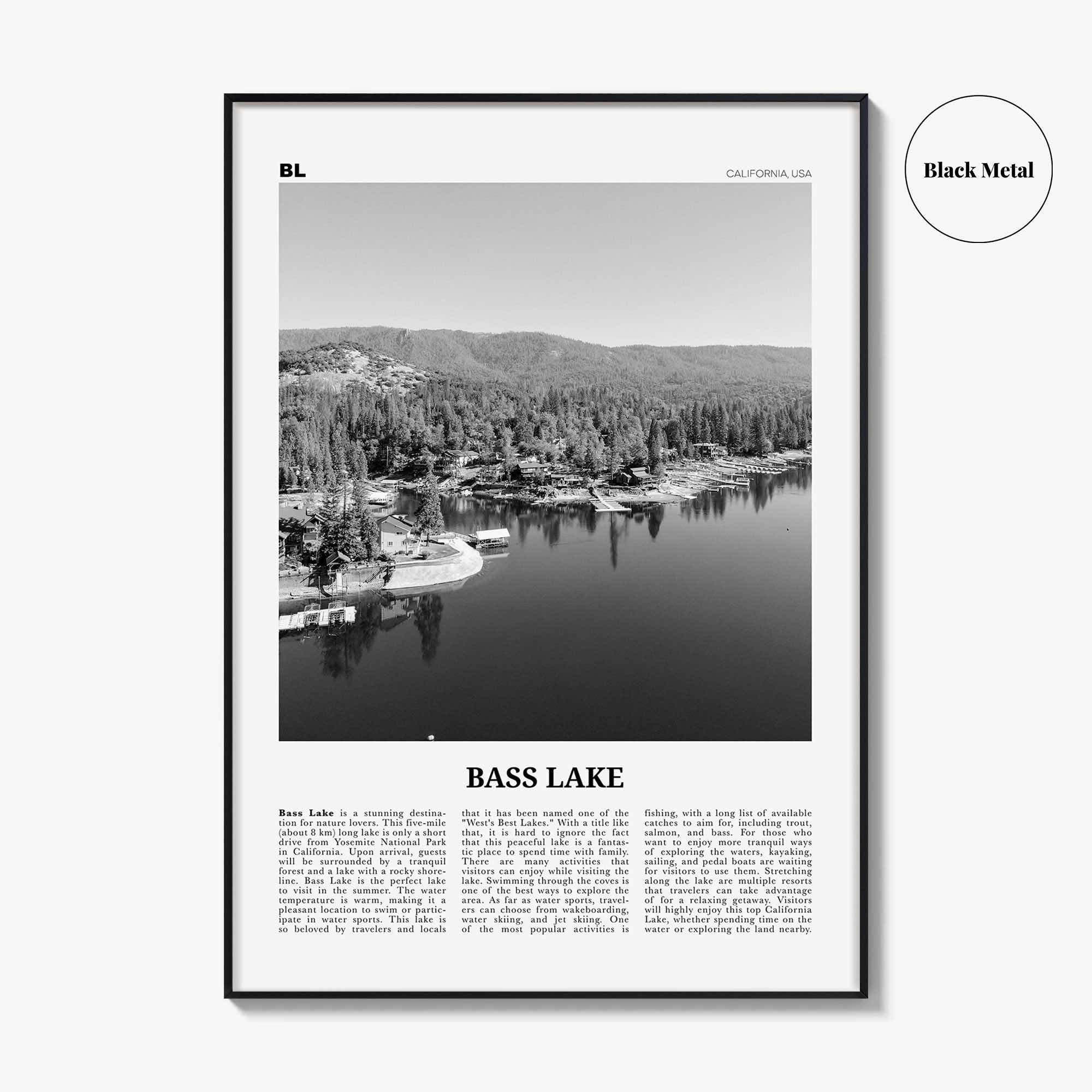 Bass Lake Print Black and White, Bass Lake Wall Art, Bass Lake Poster, Bass Lake Photo, Bass Lake Wall Décor, Bass Lake Map, California, USA