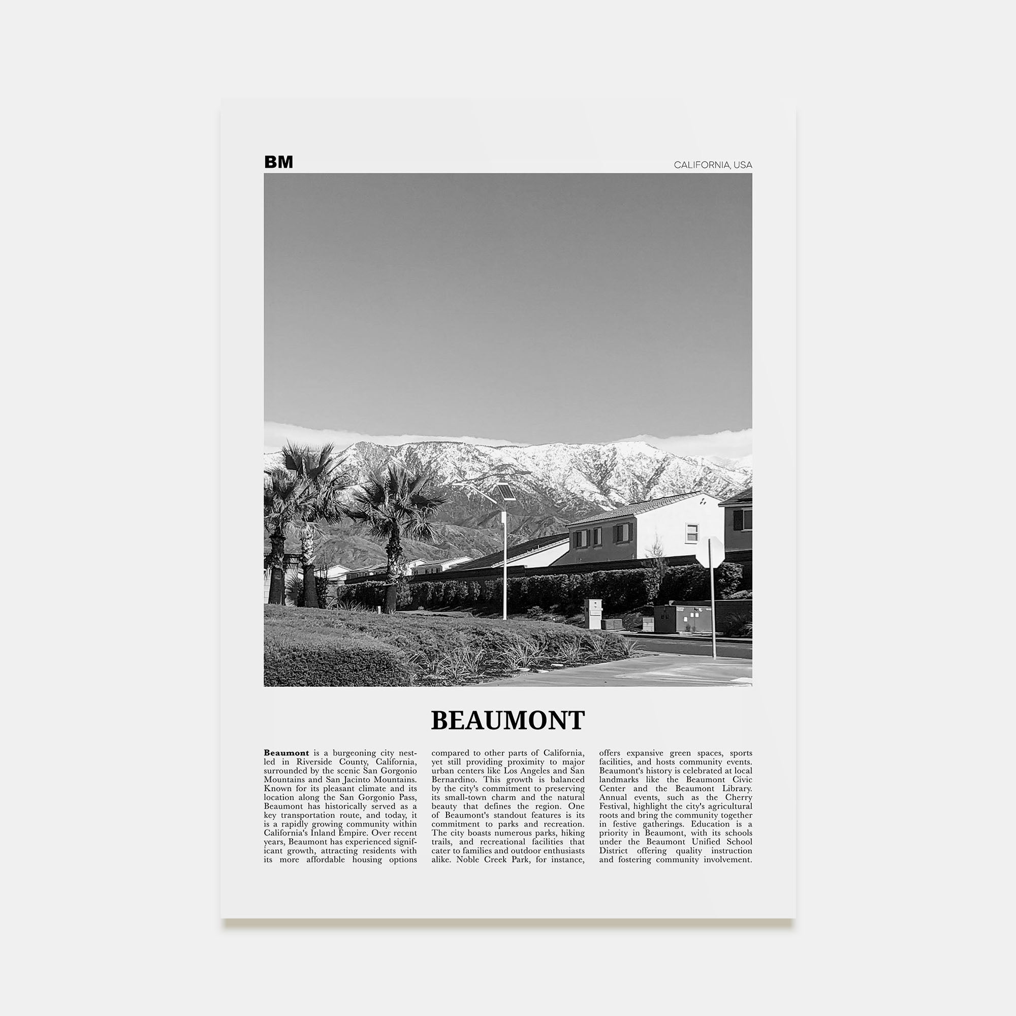 Beaumont, California Travel B&W Poster